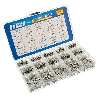 BOJACK 15 Values 200 pcs Fast-Blow Glass Fuses Assortment Kit 5x20mm 250V 1 5 10 15 20A 6x30mm 250V 1 2 3 5 6 7 8 10 15 20A amp packag in a Clear Plastic Box