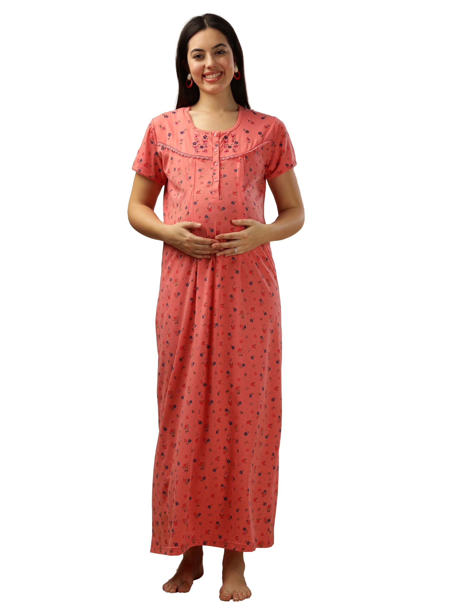 Maternity Nighty | Cotton Blend Feeding Night Dress | Stylish Night Gown for Women (New 1392)-image-9