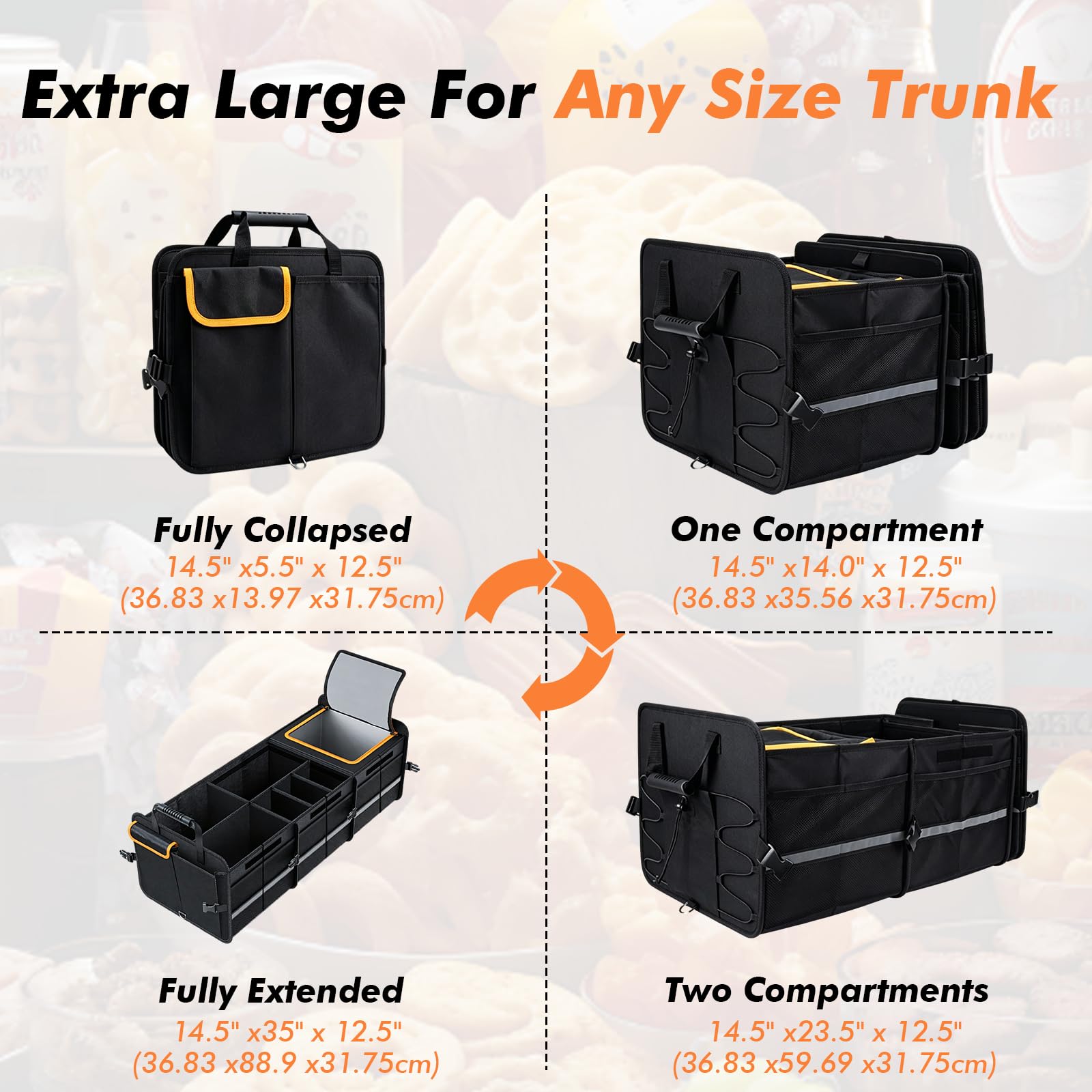 Organizador de maletero XXL con tapa, 126 L, plegable con bolsa térmica de 24 L, caja para maletero reforzada y antideslizante, 6 compartimentos para coche, SUV, autocaravana, camping, 89 x