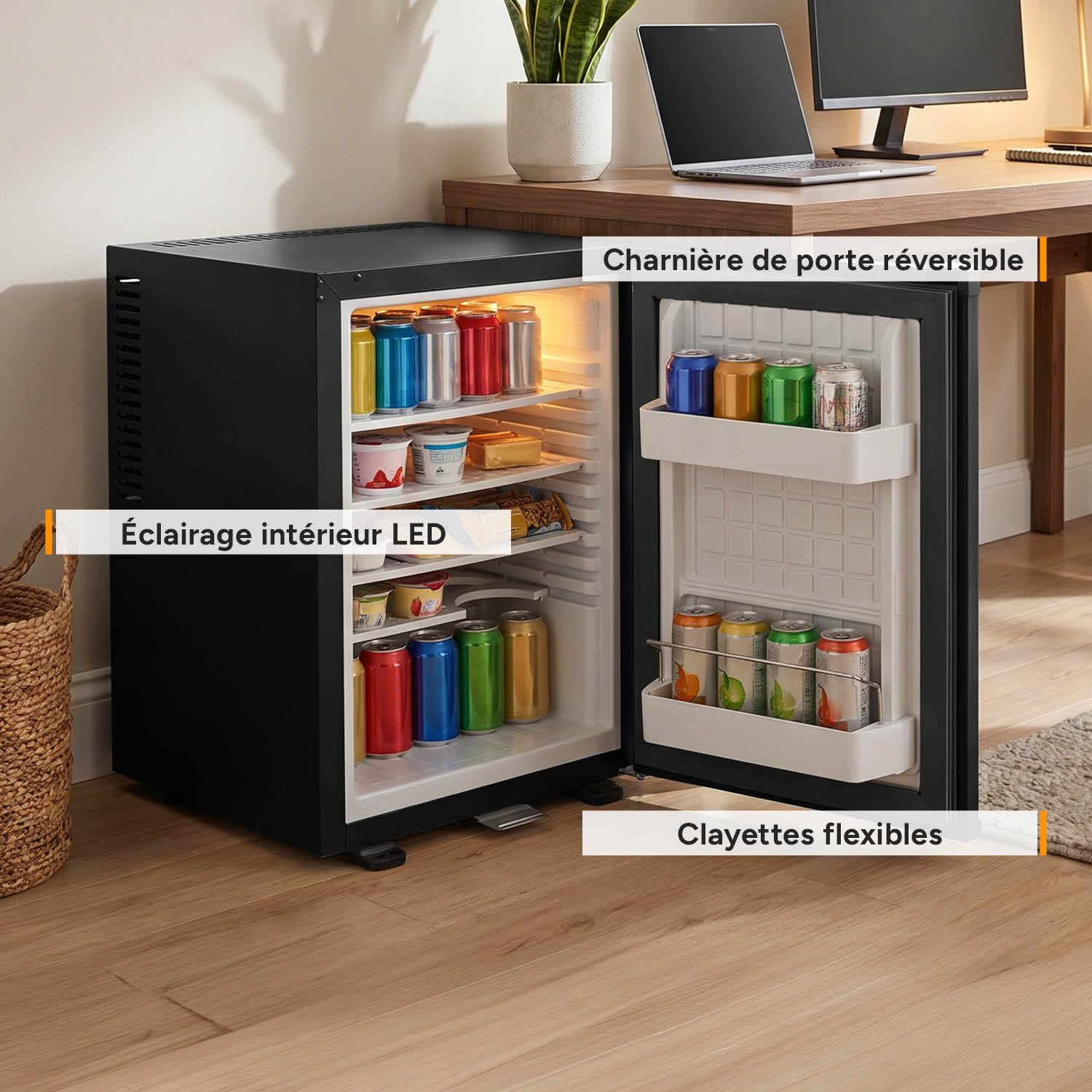 TZS First Austria Mini réfrigérateur 40L silencieux - Petit mini-frigo porte réversible lumière intérieure - Minibar camping bureau chambre hôtel Noir mat