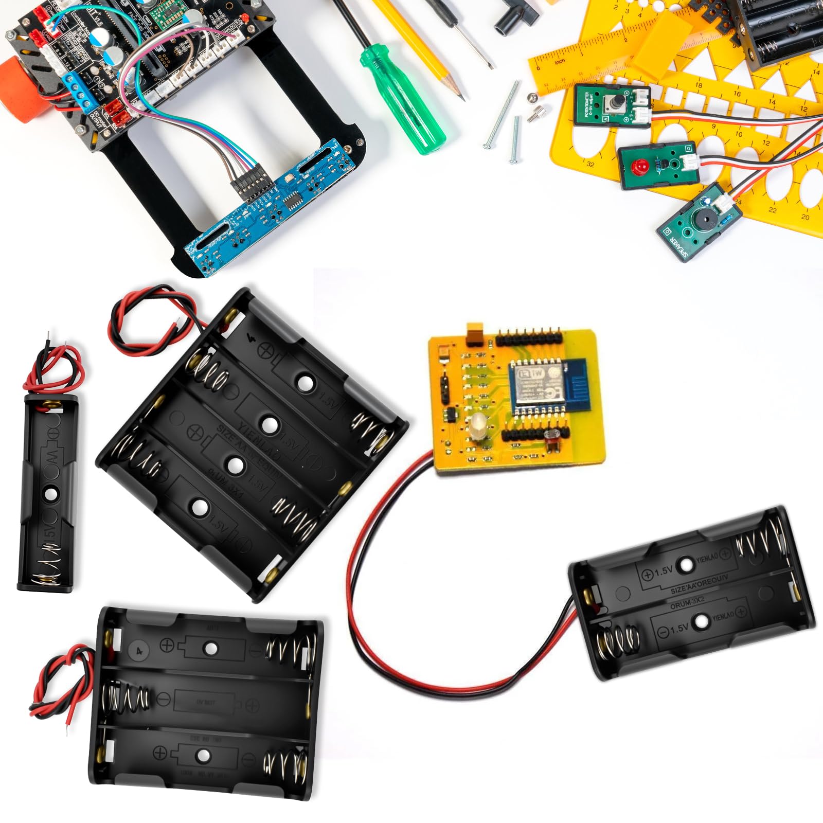 SDTC Tech - Juego de 4 soportes de batería AA con cables de alambre para experimentar circuito LED Arduino Project