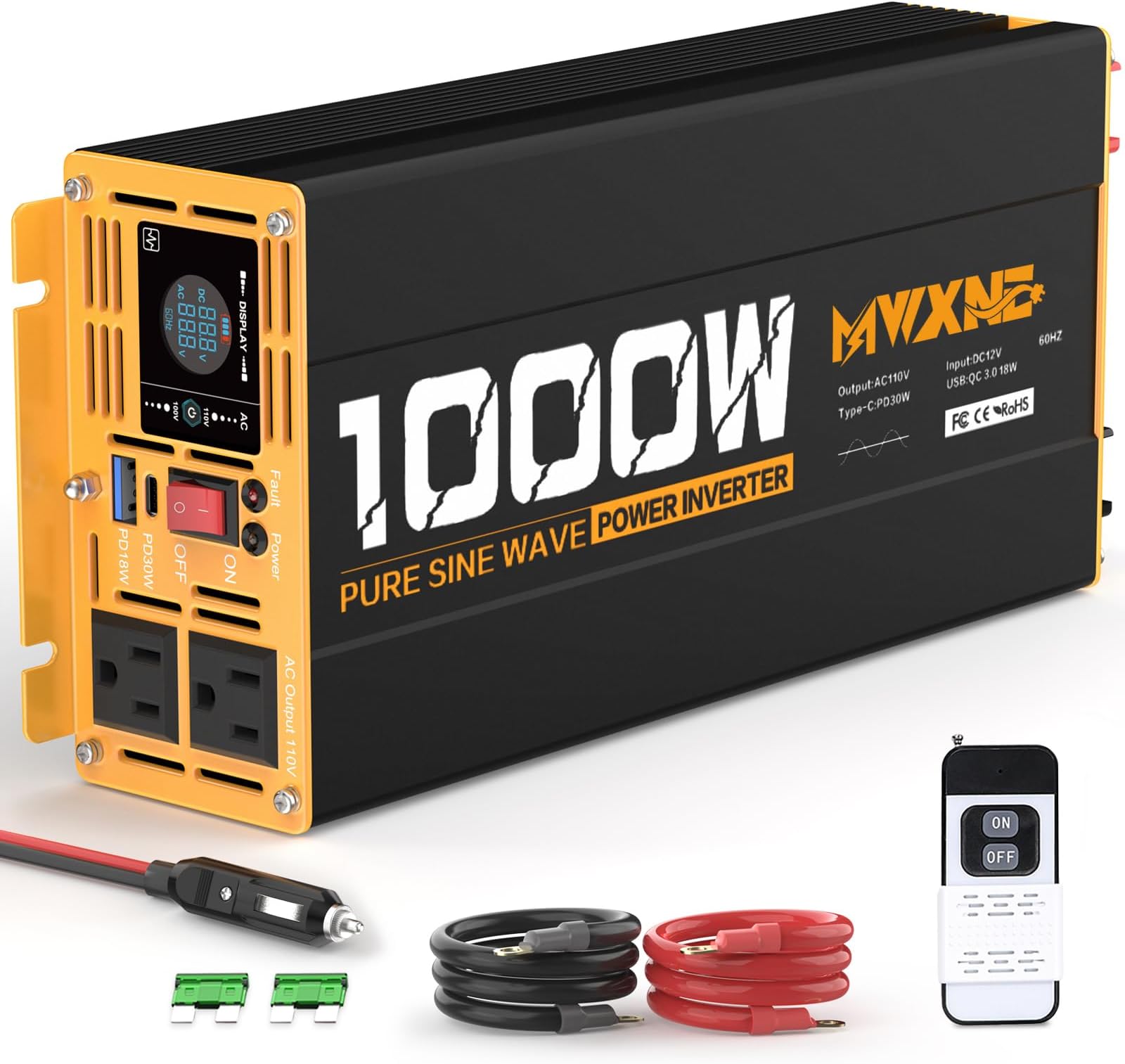 1000W Pure Sine Wave Power Inverter 12V DC to 110V 120V AC Converter with 2 AC Outlets, QC3.0/PD30W Fast Charging USB Ports, LCD Display and Remote Control, Car Inverter Adapter for Vehicles
