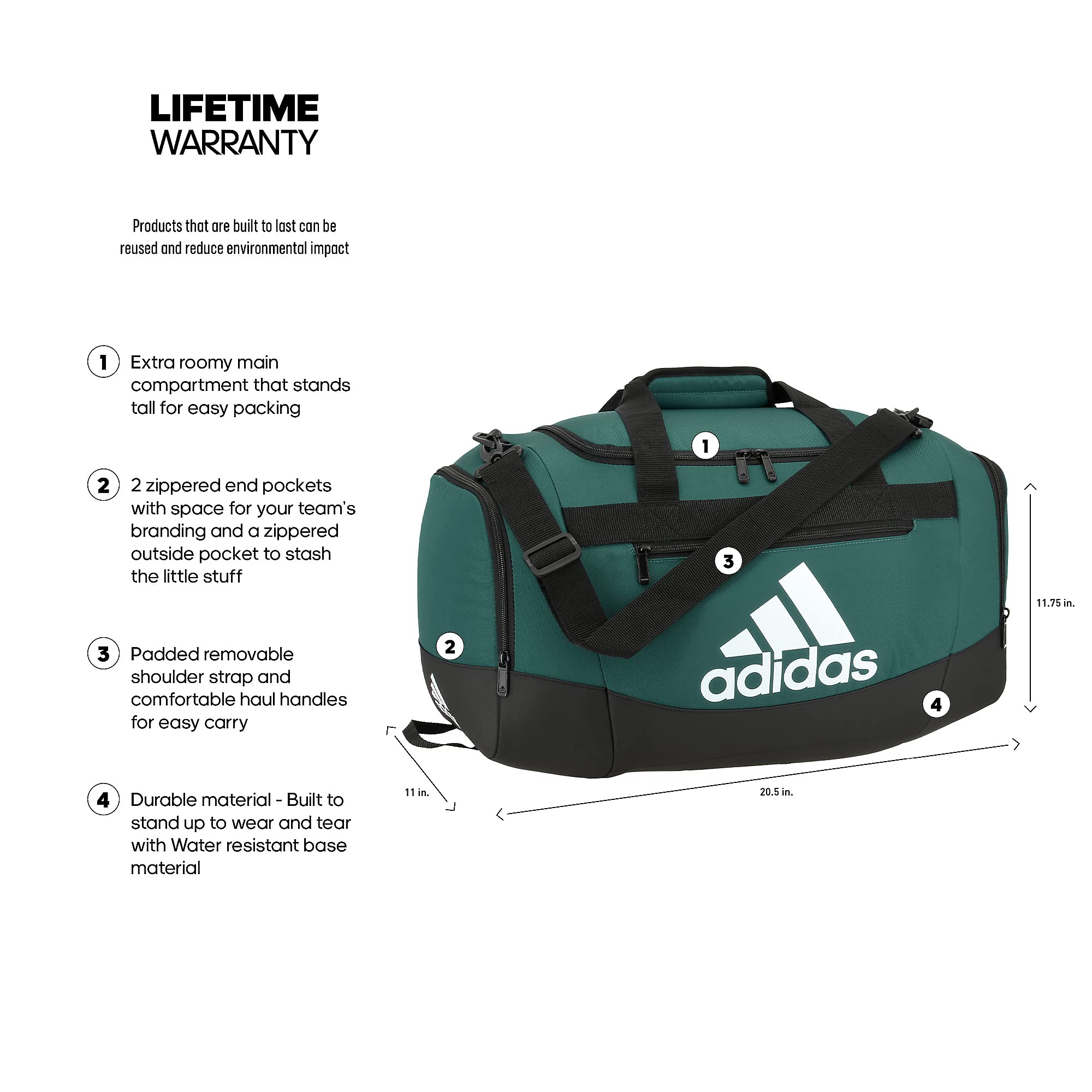 Condition photo showing New/Like New for adidas defender 4 small duffel bag, team dark green, one size