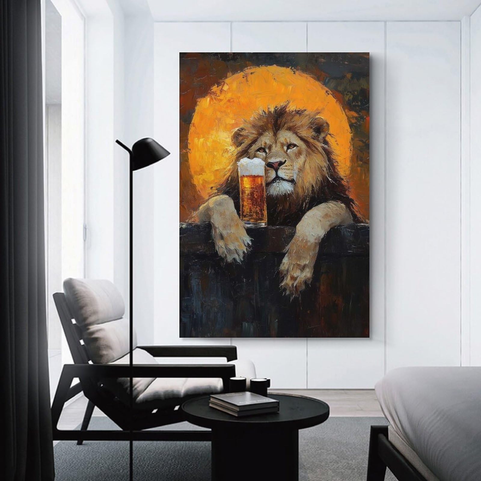 Junmoney Lion with Beer Decorative Wall Artwork, 12x18inch(30x45cm), for Corridors, Hallways Or Apartment Entries, Home Artwork for First Impressions
