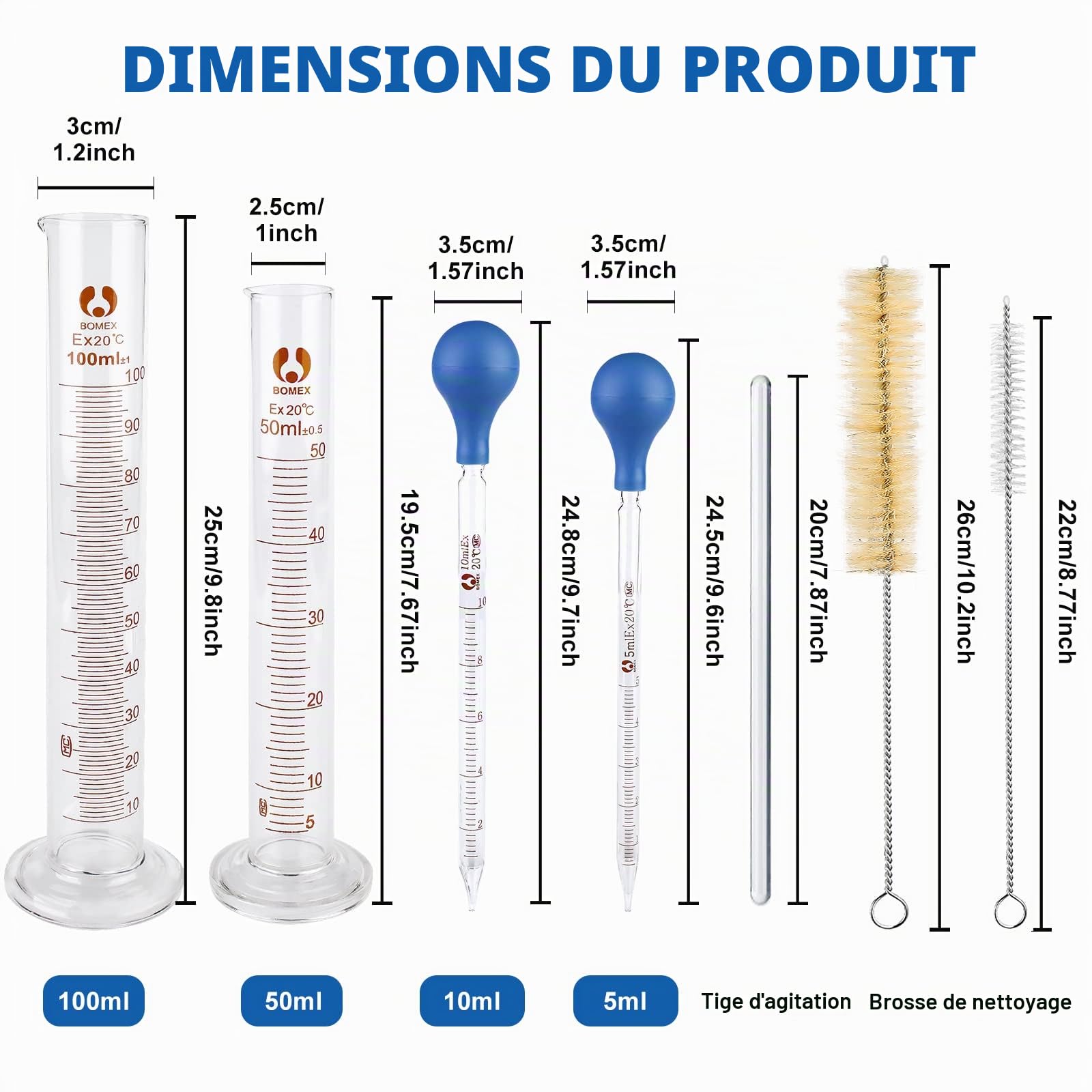 Pipettes En Verre, 4 Pièces Pipette Graduée En Verre Compte-gouttes 5ml 10ml et 2 Pièces Éprouvette Graduée 50ml 100ml avec Brosse De Nettoyage et Tige En Verre Pour Laboratoire, Médicaments, École