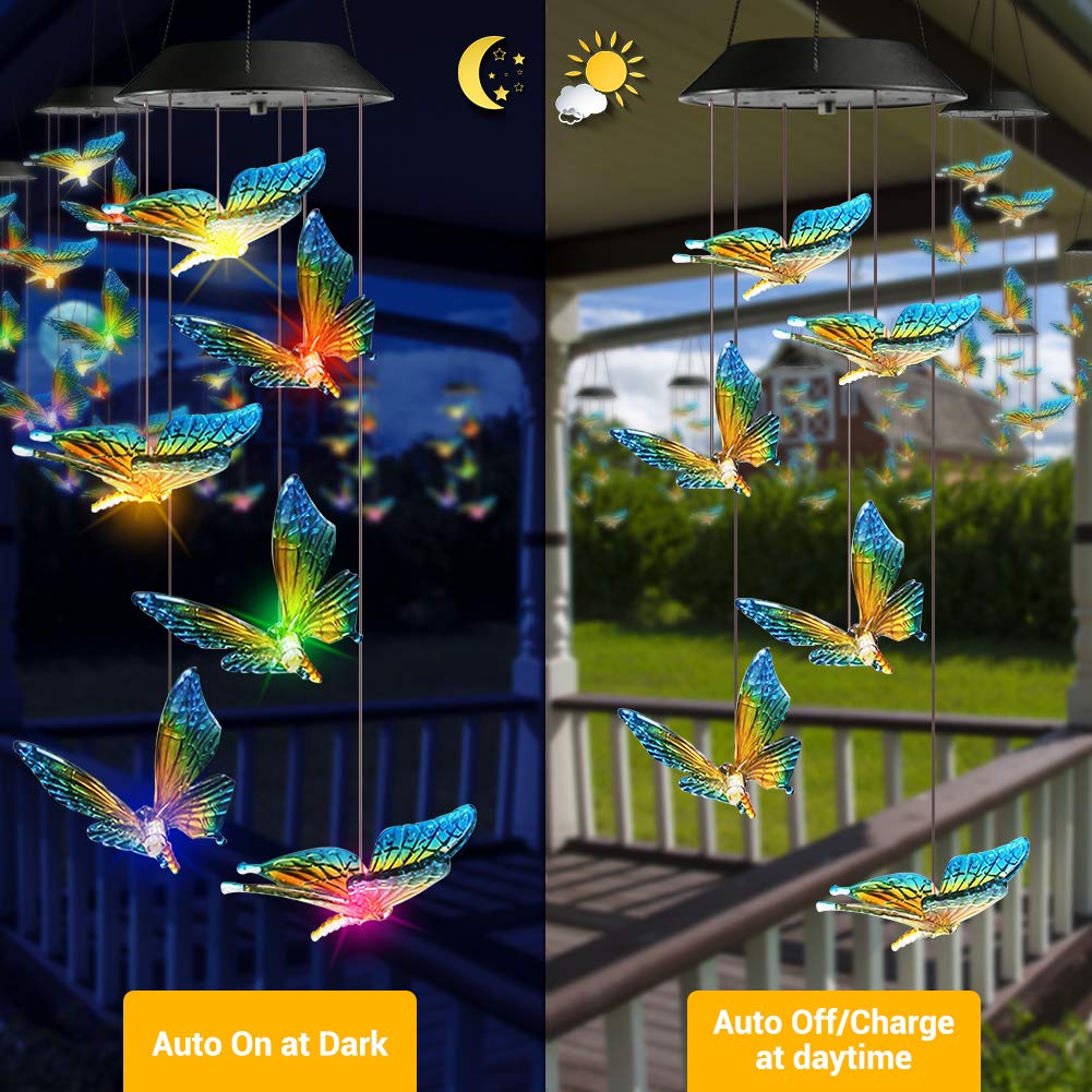 Qedertek Dekoracja wielkanocna, dzwonki wietrzne, motyl LED, słoneczna lampa ogrodowa, wisząca lampa do ogrodu, na drzewo, taras, podwórze, trawnik, podwórko, ścieżki