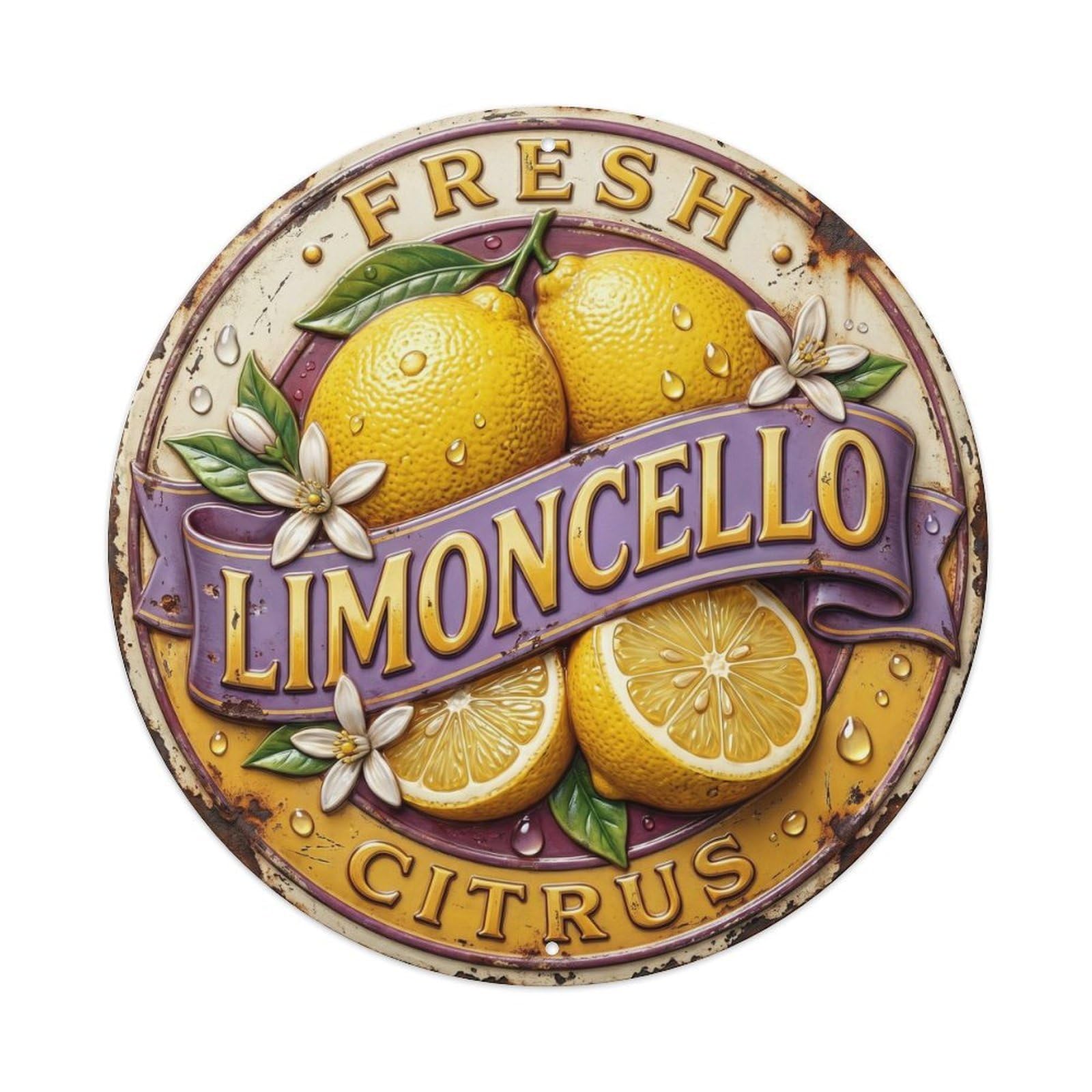 Fresh Citrus Limoncello Vintage Metal Tin Sign Plaque Wall Decor for Cafe, Club, Garden Round Metal Poster 8x8Inch