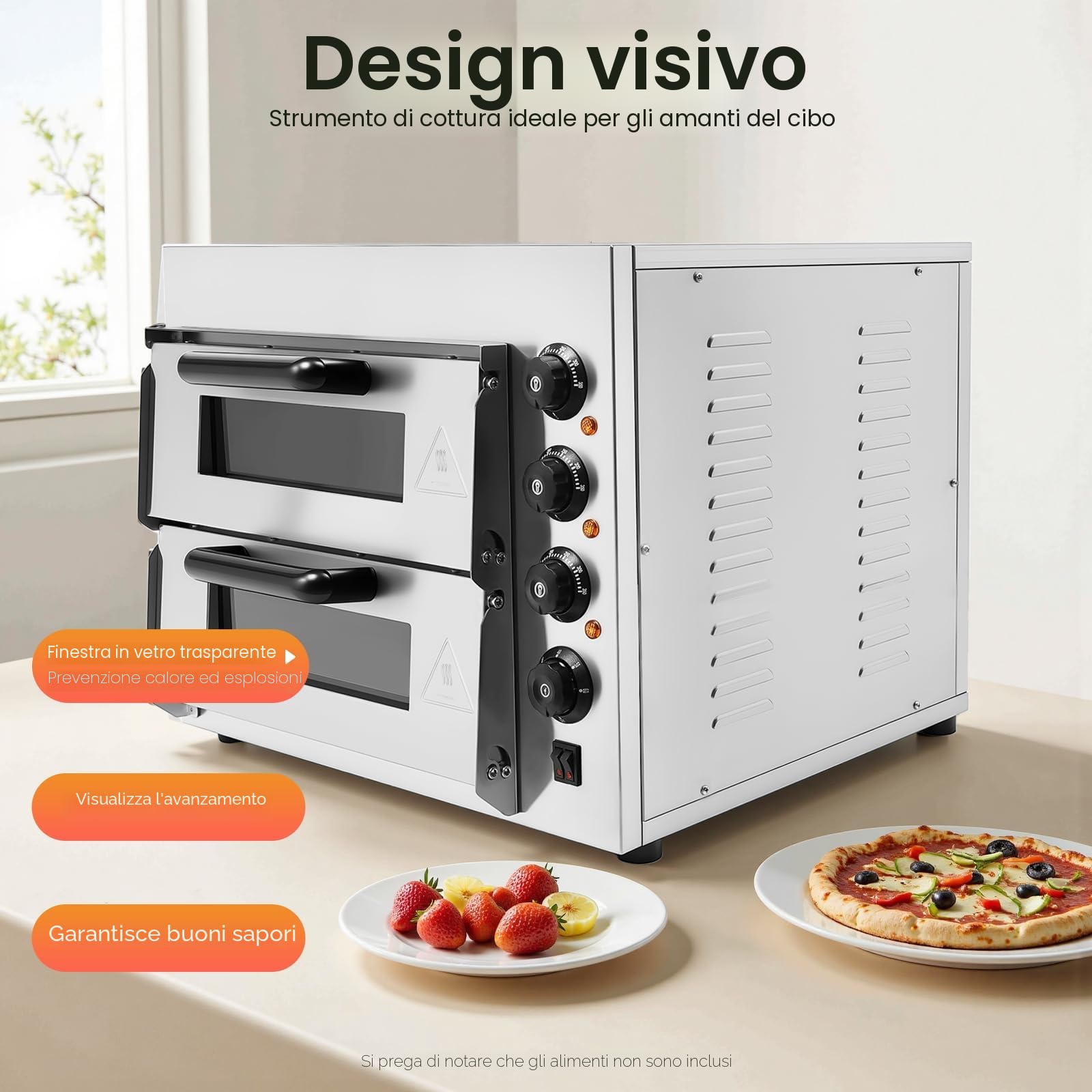 Forno elettrico per pizza, 3000 W, 220 V, 2 livelli, per esterni, con 1 paio di guanti, controllo della temperatura da 50 a 350 °C, timer, acciaio inox