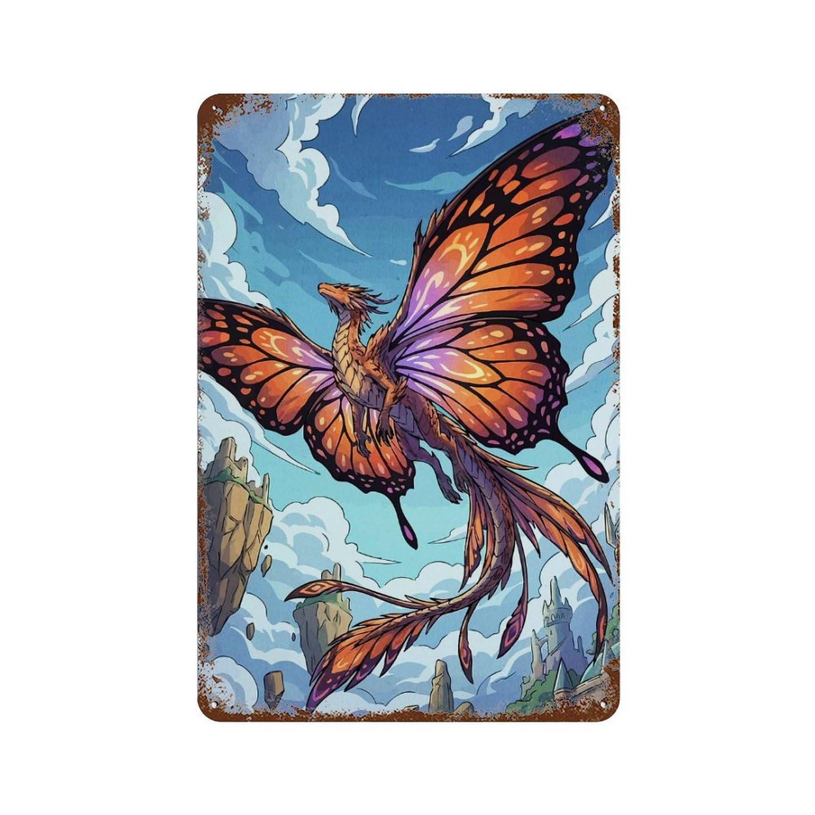 Butterfly-winged Dragon Soaring Through The Sky Rusty Metal Tin Sign 11.8"x7.9", for Pub, Kitchen And Man Cave Decor, Novelty Wall Decor