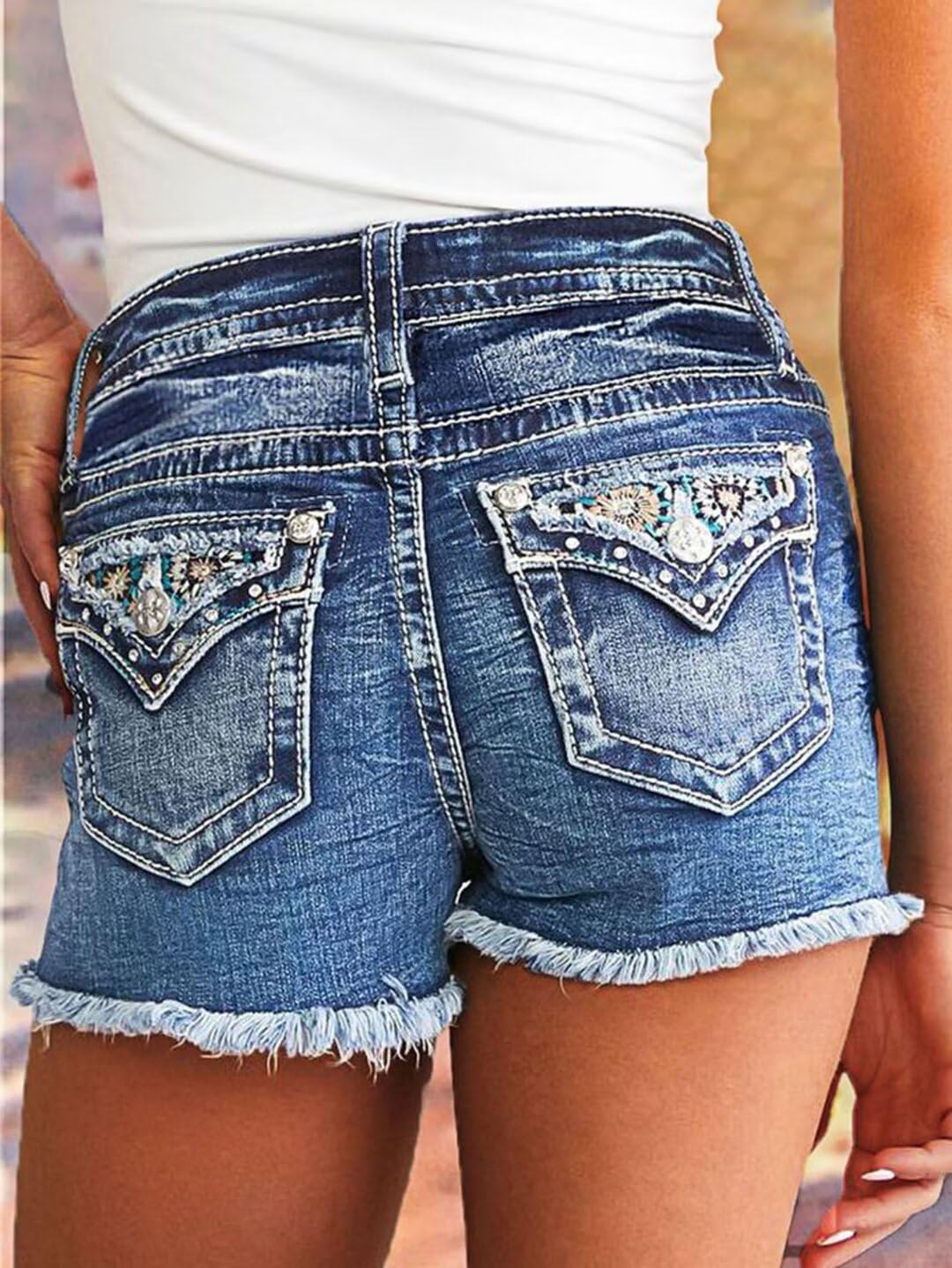 Flamingals Women's Ripped Stretchy Jean Shorts Mid Rise Skinny Denim Shorts Distressed Frayed Raw Hem Casual Summer Shorts