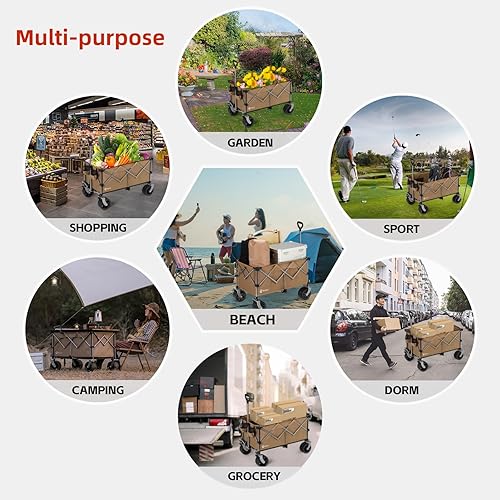 Miniatura 6 de Carro de playa de 220 litros con ruedas grandes, plegable con capacidad de 330 libras, vagones de comestibles utilitarios con frenos, carrito de