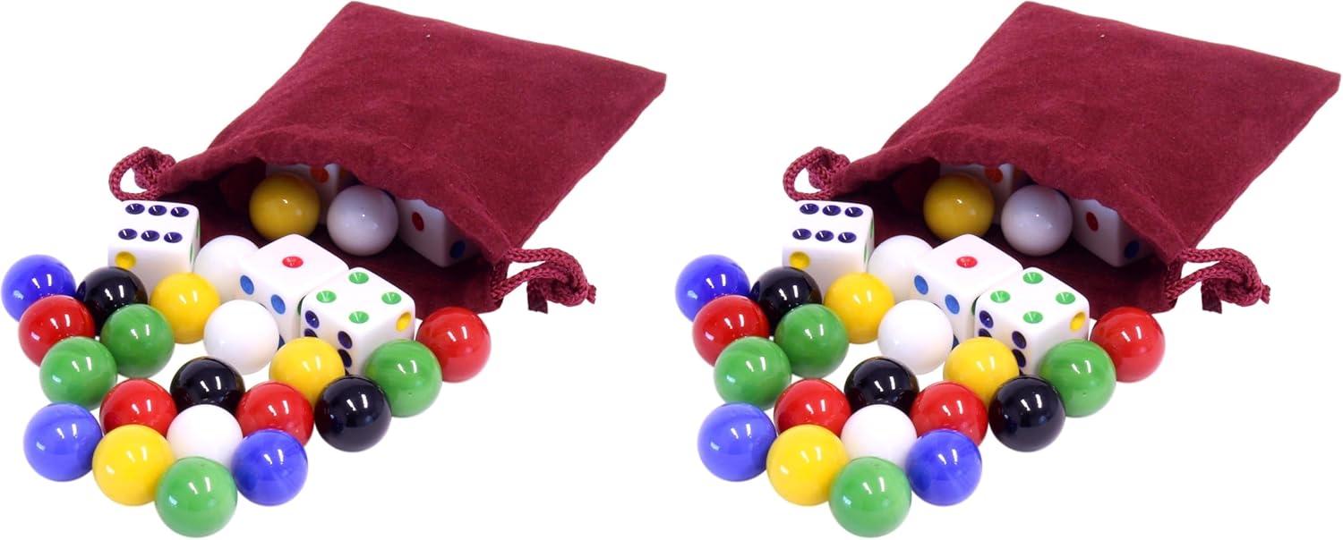 AmishToyBox.com Game Bag of 24 Replacement Glass Marbles (9/16" Diameter) and 6 Dice for Aggravation Game (Pack of 2)