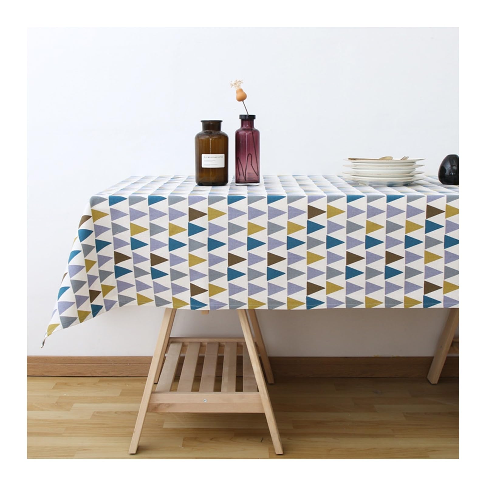 Nappe rectangulaire anti tache triangle bleu gris lin pour grande table