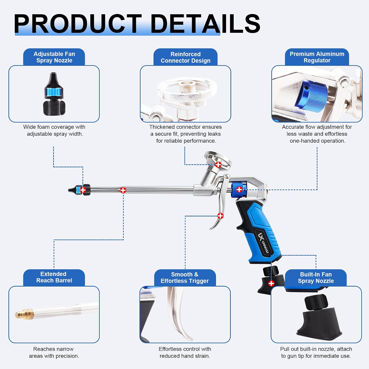 Professional Spray Foam Gun Heavy Duty Metal with 6 Extenders