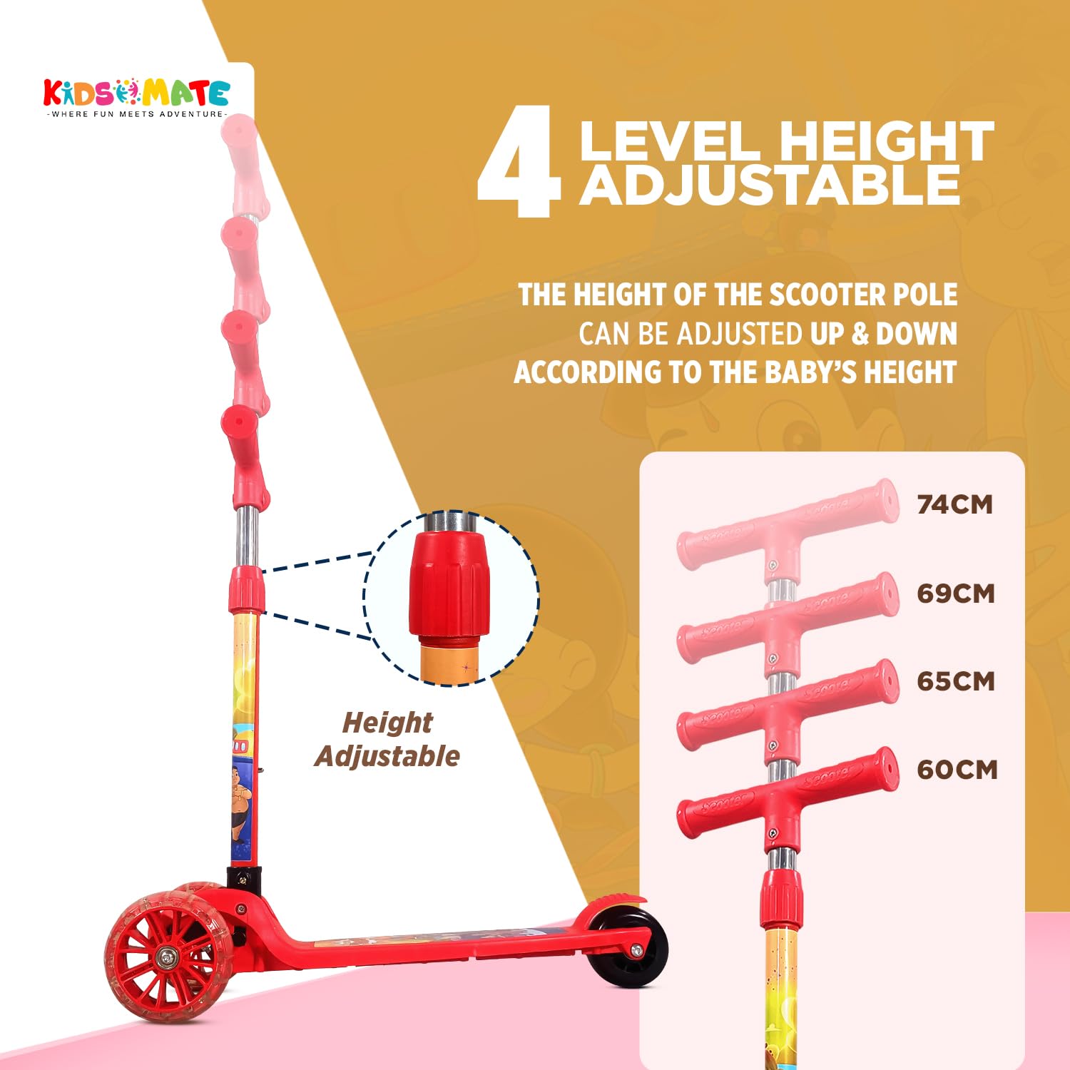 Kidsmate Chhota Bheem® Kick Scooter with Broad LED PVC Wheels | Non-Slip Wide Deck with Push Brake Kids Scooter for Age 3+ Yrs | 4-Level Height Adjustable | Max User Weight 50Kg - Red 1