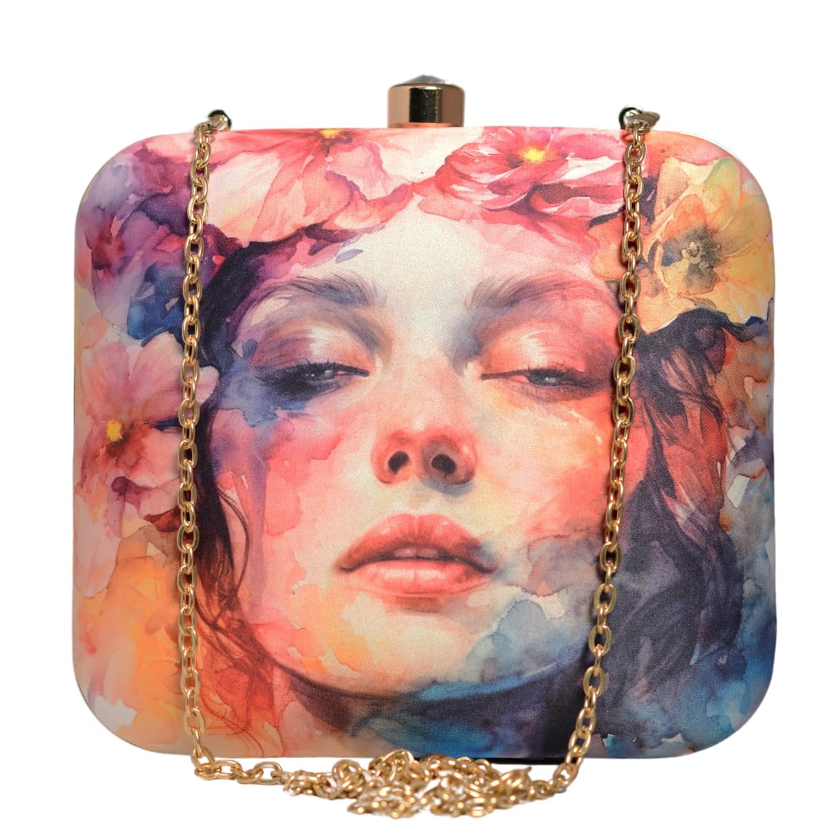 Multicoloured Women Portrait Printed Clutch Bag for Women with Detachable Strap-image-49