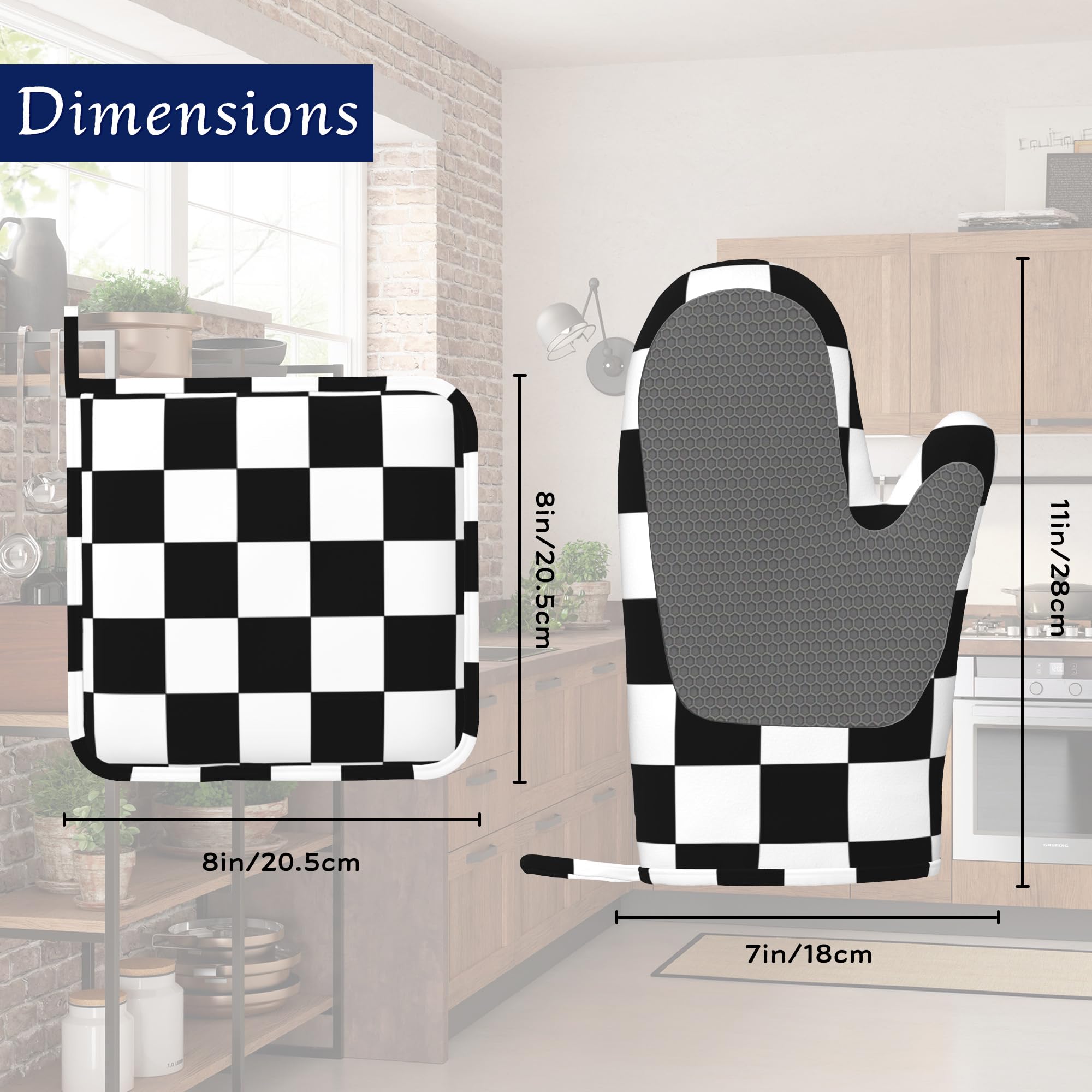 Ofenhandschuhe und Topflappen, Set mit 4 Stück, Büffelkaro, hitzebeständig, Silikon, Ofenhandschuhe, rutschfeste Küchenhandschuhe, Topflappen zum Kochen, Backen, Grillen, BBQ