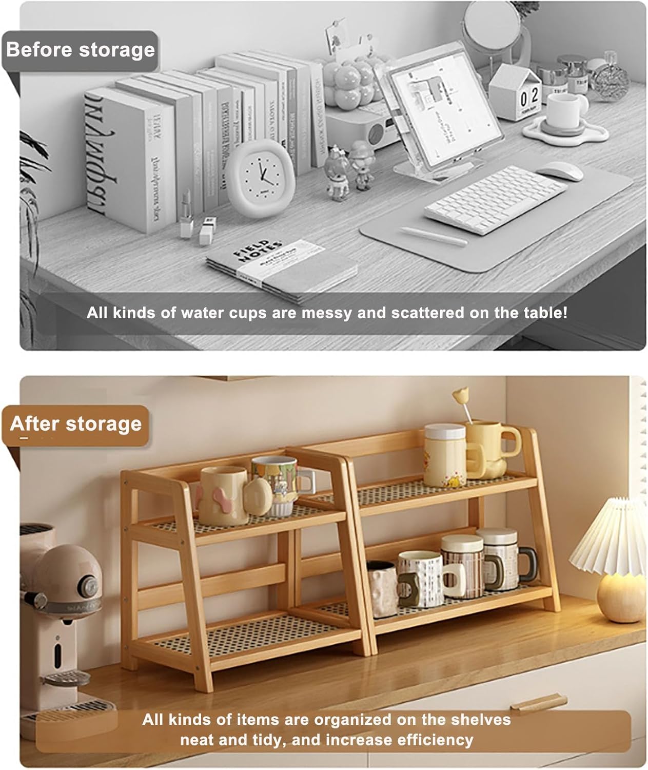 2-Tier Bamboo Coffee Mug Organizer, Multi-Purpose Tea Cup Holder Rack for Kitchen & Bathroom, Natural Wooden Storage, 15.3"x6.9"x11.2" - Space-Saving Design