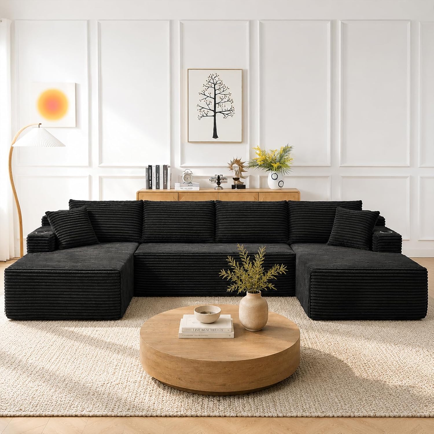 134" Modular Cloud Couch Sectional, U-Shaped Boneless Sleeper Sofa with Side Pockets & Cup Holders, Oversized 4-Seater Modern Deep Seat Corduroy Couch for Living Room, No Assembly Required, Black - Amazon product rated Grade B