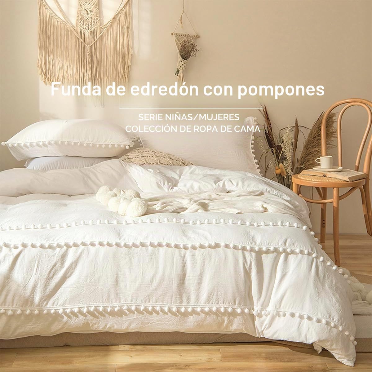 Juego de Funda Nórdica 220x230 cm Blanco Juego de Ropa de Cama Boho con Pompón Bohemia en Microfibra Suave con Funda de Almohada y Cremallera (Blanco, 220x230)