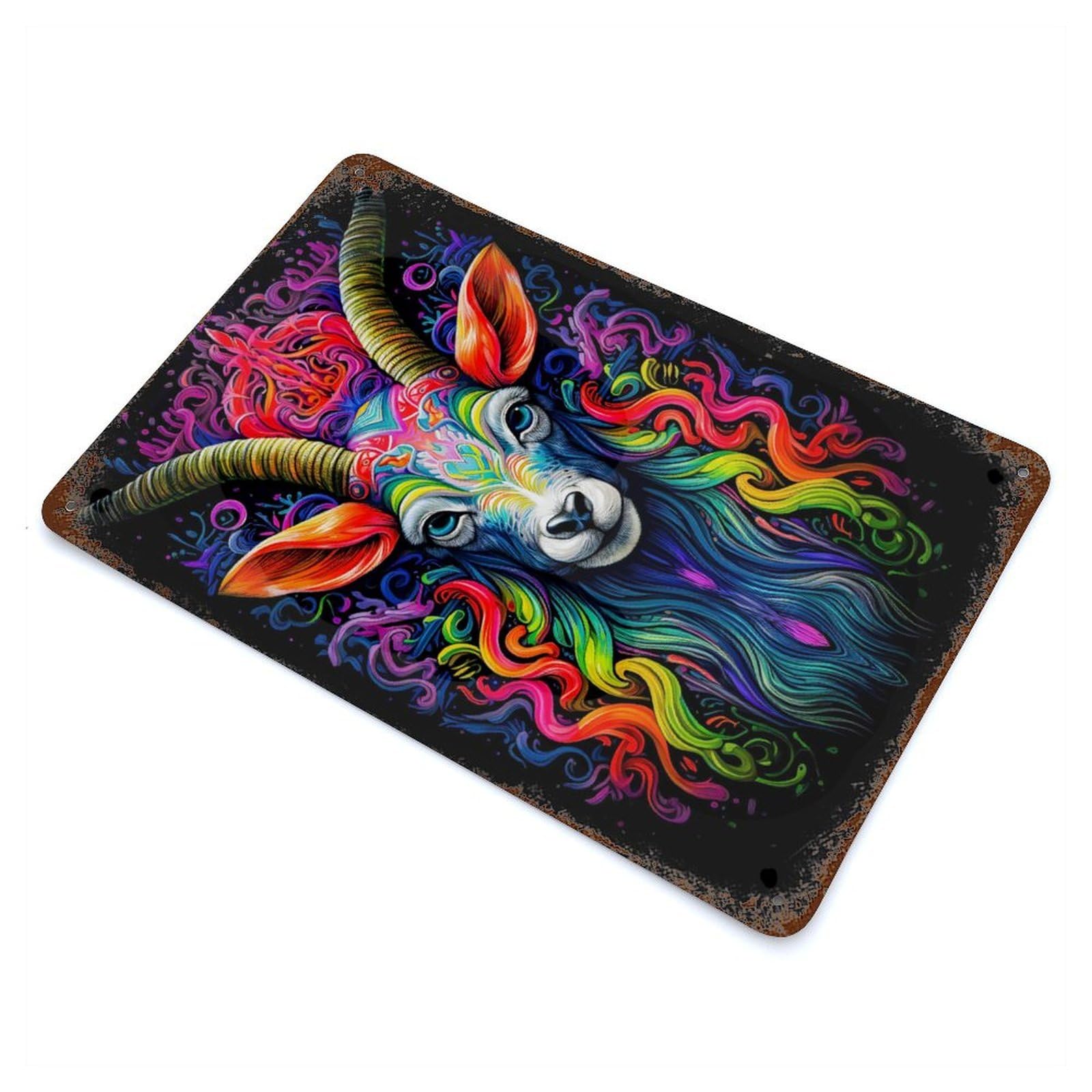 Psychedelic Goat Neon Aged Metal Wall Plaque 11.8"x7.9", Old School Wall Decor for Garage, Pub Or Kitchen