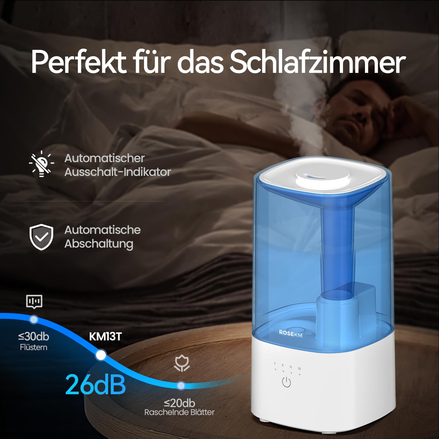 Rosekm - Humidificador ultrasónico silencioso de niebla fría para plantas, bebé, dormitorio, con boquilla giratoria 360°, sin filtro, apagado automático, azul