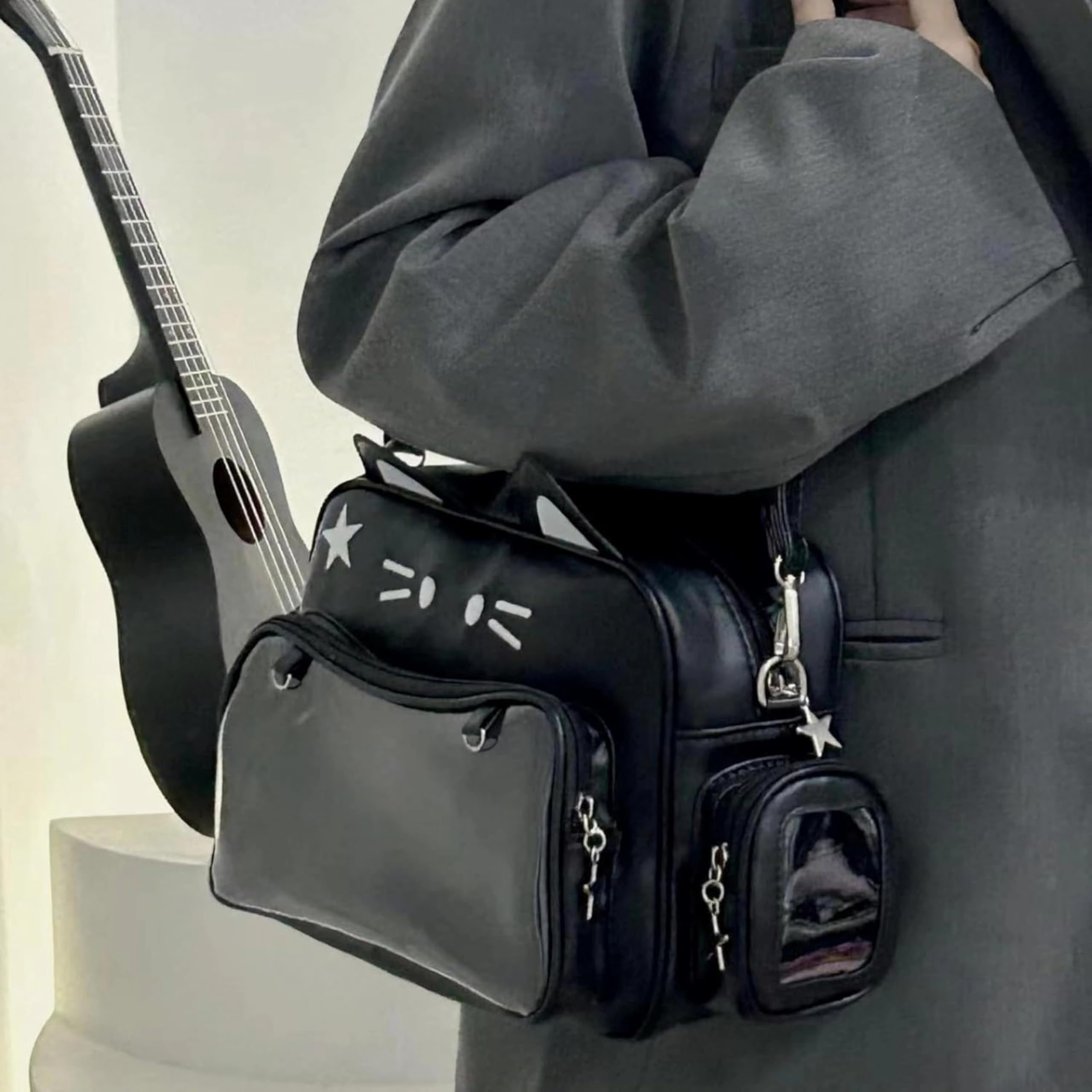 Zaino con display pin per ragazze della scuola con materiale in pelle PU - Kawaii Cat Ita Bag Preppy Y2k Estetica Borsa a tracolla con inserto