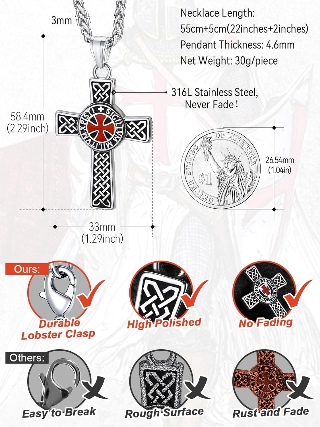 FaithHeart Knights Templar Necklace for Men, Christian Necklace for Men Stainless Steel Pendant Neckalces Christian Gifts with Gift Box - Image 6
