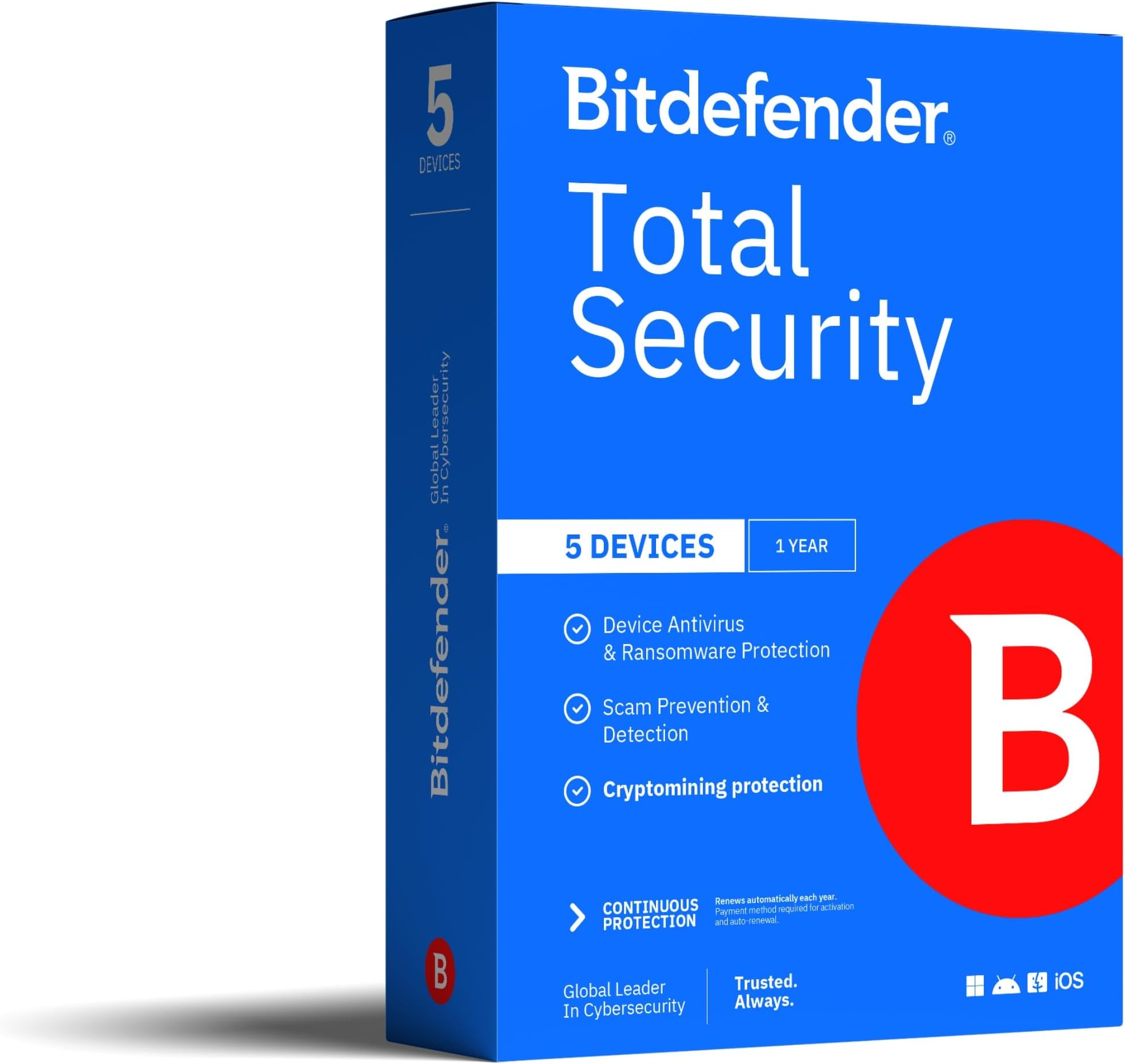 Bitdefender Total Security 2022 鈥?Complete Antivirus and Internet Security Suite 鈥?5 Devices | 1 Year Subscription | PC/Mac | Activation Code by Mail