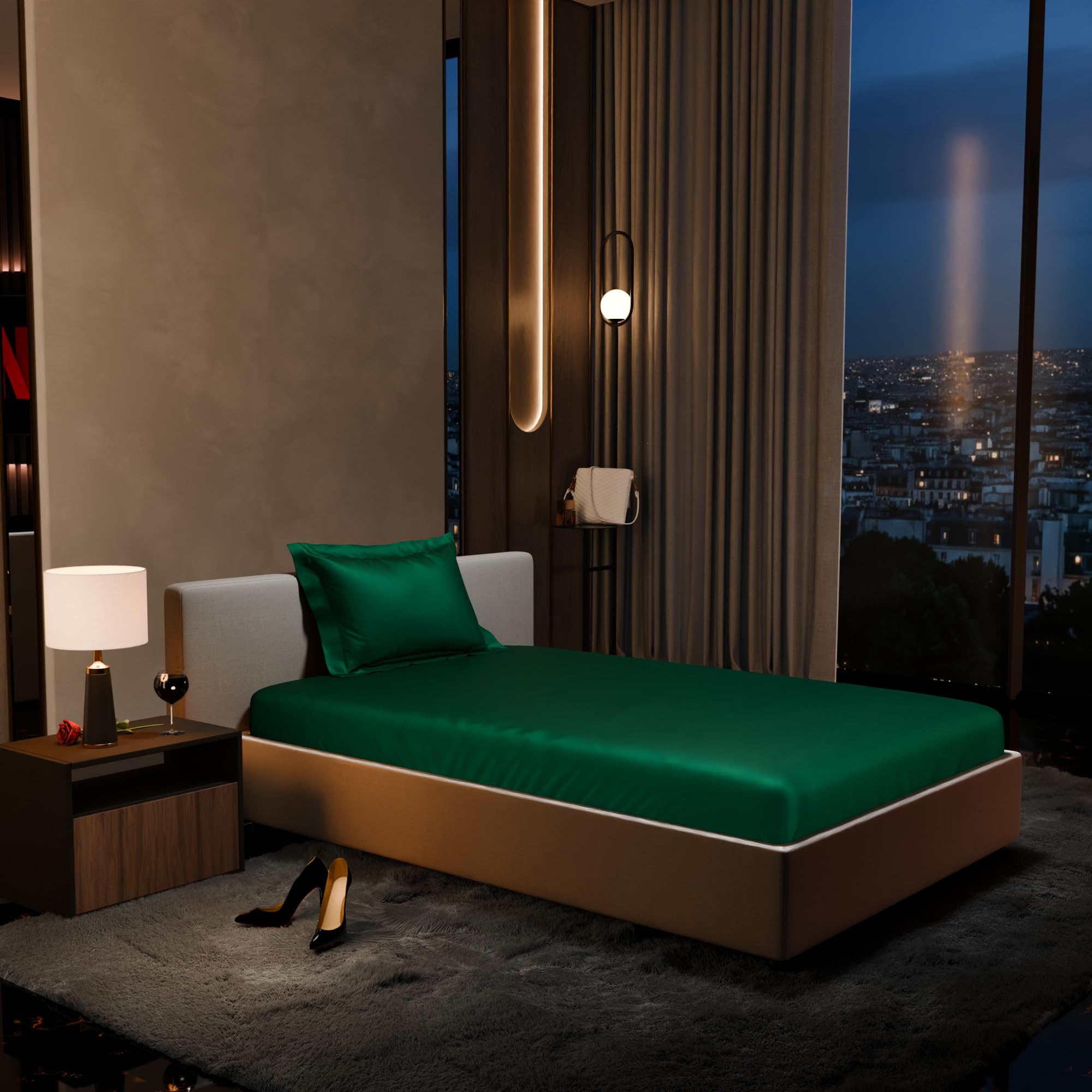 Stoa Paris 300TC UltraSatin Single Bedsheet Set, 10” Drop Fitted Bedsheet with 1 Pillow Cover, Hypoallergenic, Wrinkle Free, Aesthetic Bedding, Home Decor, Gift, Date Night - Emerald Green