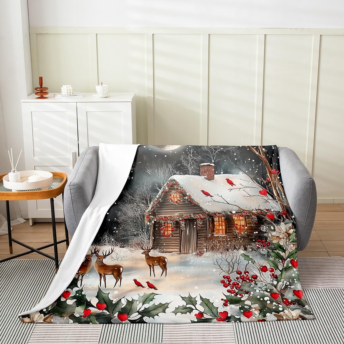 Erosebridal Winter Christmas Blanket Queen 90x90,Xmas Cabin Elk Deer Cardinal Throw Blanket Soft Microfiber,Snowflake Branches Fuzzy Blanket,Red Berry