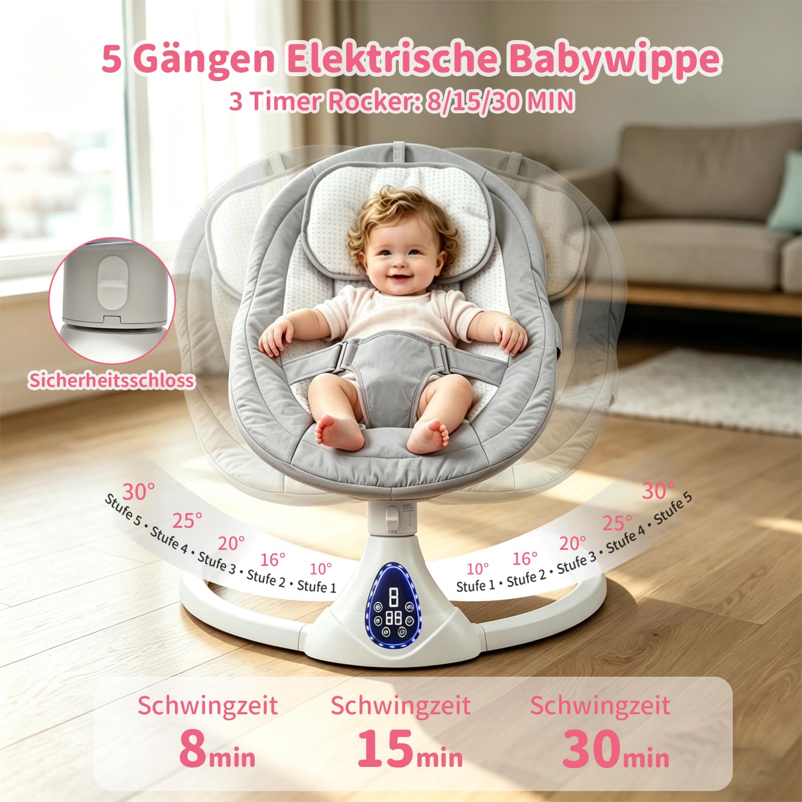 Elektrische Babywippe Schaukeln für Neugeborene, Baby Bouncer Newborn 0-6 Monate mit Weichem Stoff | Klappbarer Baby Rocker mit 5 Gängen, 3 Timer, Weichem Sitz, Bluetooth (Grau)