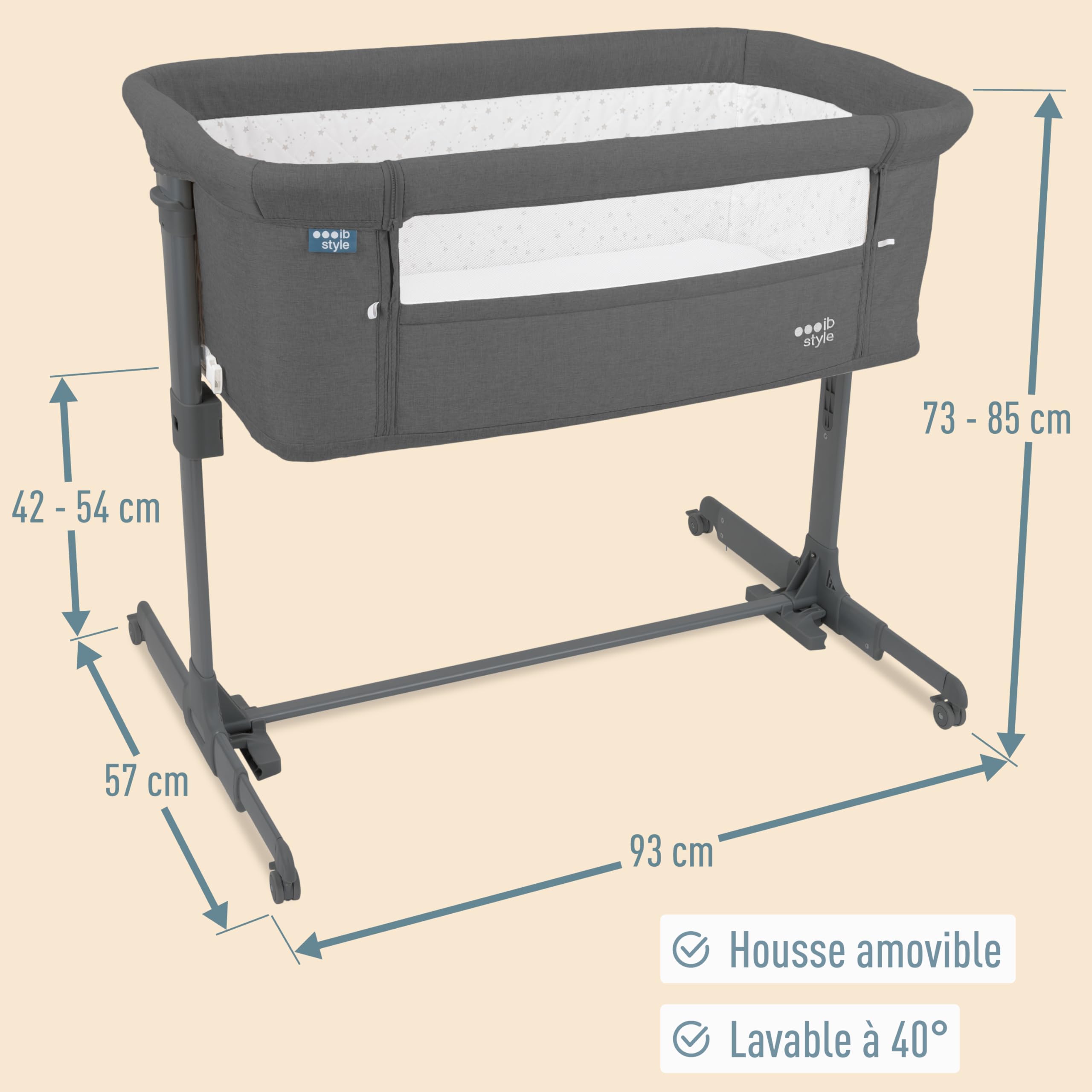 IB-Style Aluna 3-en-1 Berceau co-Dodo, lit de bébé, lit d'appoint, Matelas Moelleux, réglable en Hauteur sur 5 Niveaux, lit de Voyage avec Sac, Fonction balancelle, moustiquaire - Gris foncé