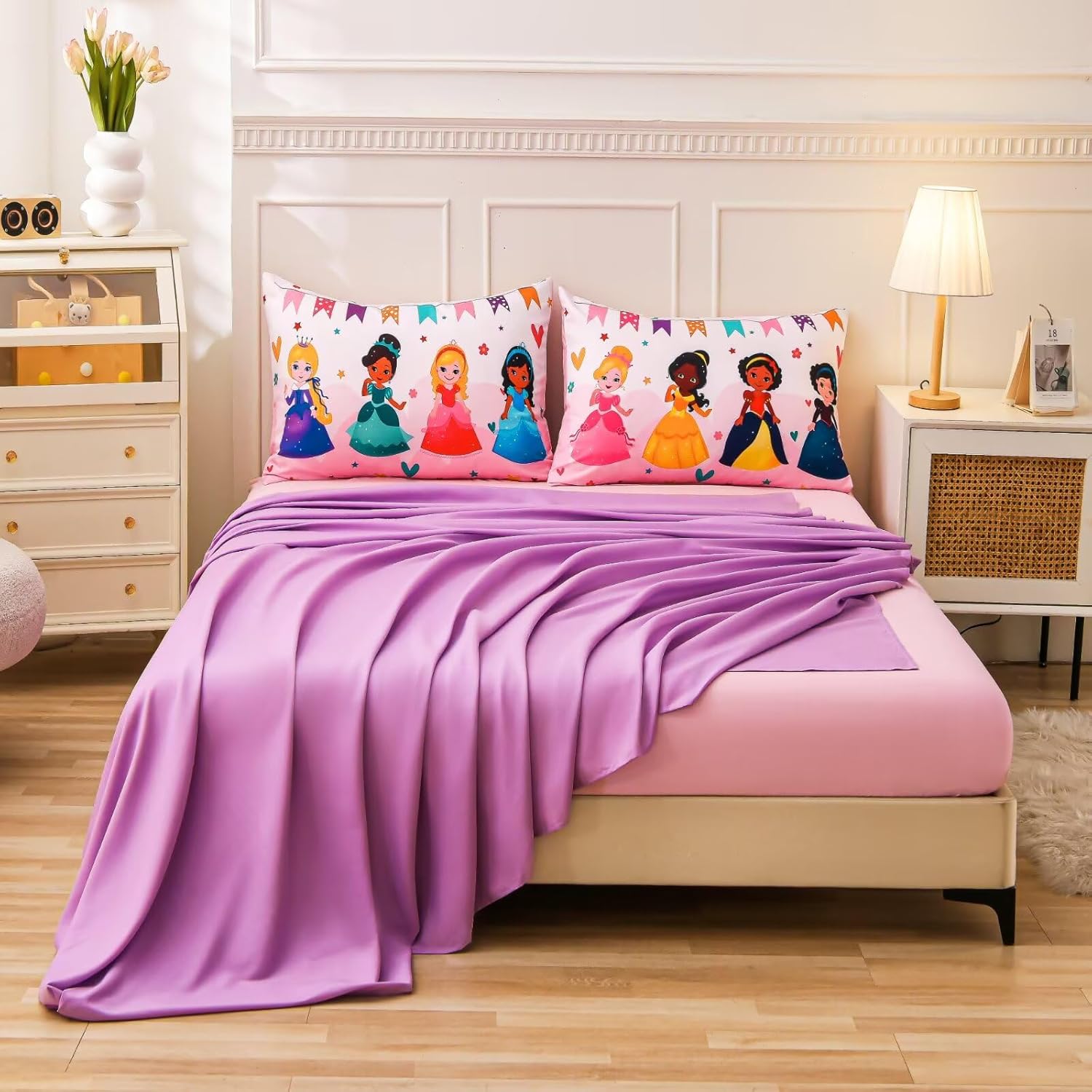 6 Pieces Pink Princess Comforter Set for Girls Twin,Bed in A Bag Princess Bedding Set for Girl Kids (1 Comforter,1 Flat Sheet,1 Fitted Sheet,2 Pillowcases and 1 Cushion Cover) - Image 5