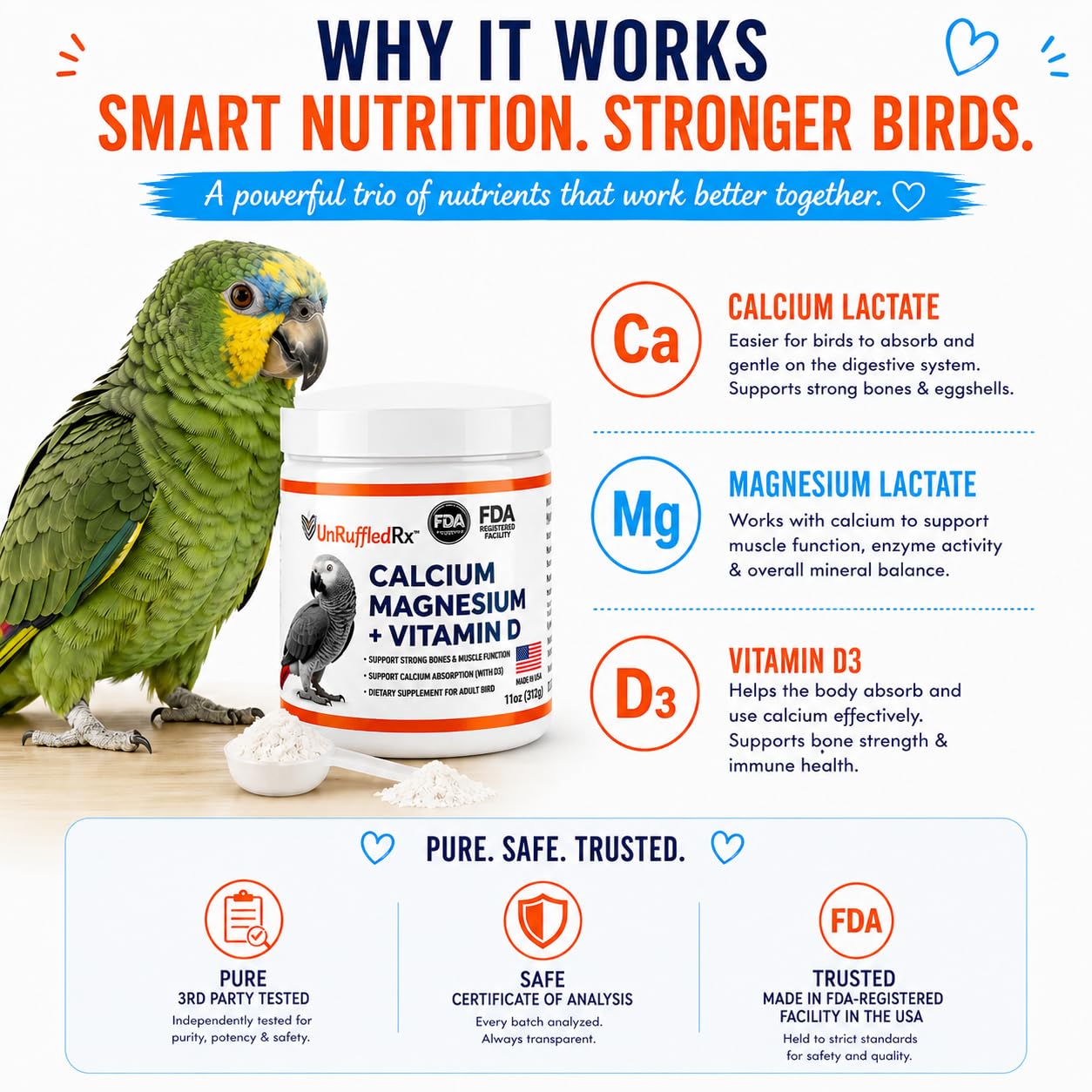 UnRuffledRxTM Bird Calcium Plus with Magnesium and D3 Dissolves Clear and Tasteless in Water Supports Bone Muscle Feather and Egg Health 45 Servings Made in FDA-Registered USA Facility product thumbnail 5