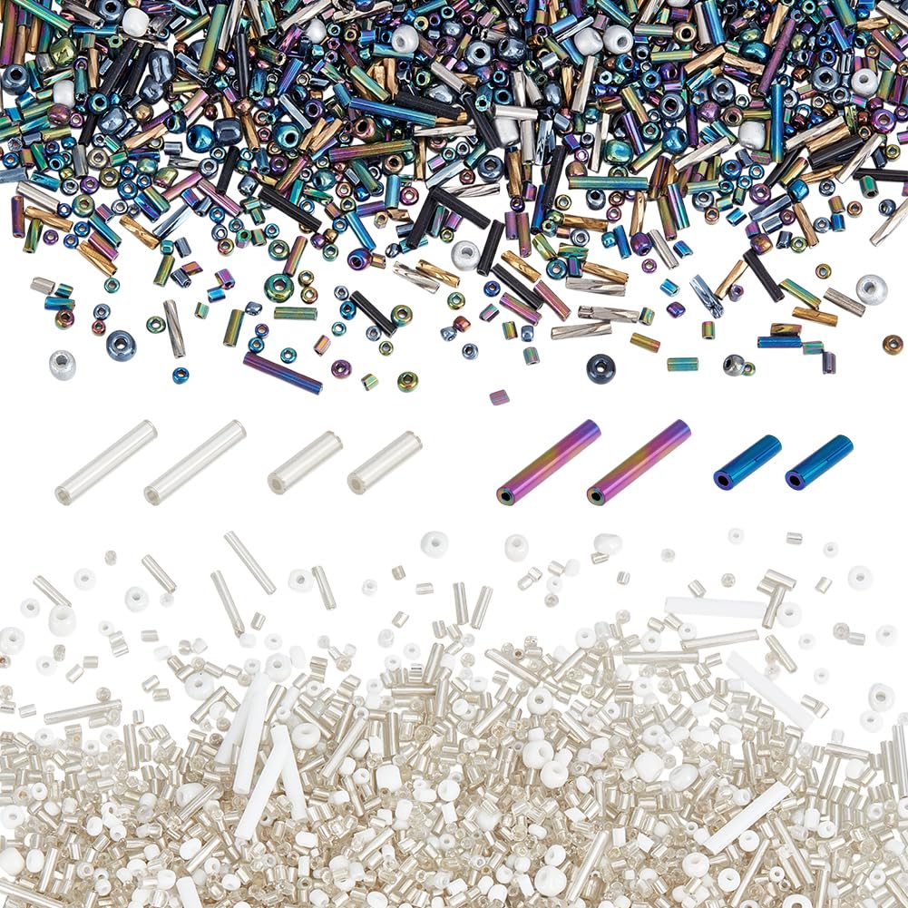 CRAFTYMELODY 150G 2 Colors Glass Seed Beads Mixed Style Bugle Beads Round Hole Tube 2-4mm Loose Spacer Beads Kit Assorted Multi Size Bulk for