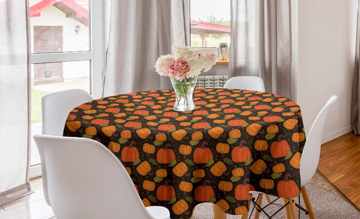 Lunarable Autumn Pumpkin Round Tablecloth, Seasonal Continuous Pattern of Halloween Fruit and Leaves Illustration, Circle Table Cloth Cover for Dining Room Kitchen Decoration, 60", Orange Black