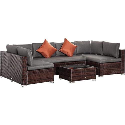 Outsunny 4 Pieces Outdoor PE Rattan Wicker Sofa Set, 6 Seater Conservatory Patio Couch Furniture, w/Tempered Glass Coffee Table & Cushions for Lawn, Garden, Brown