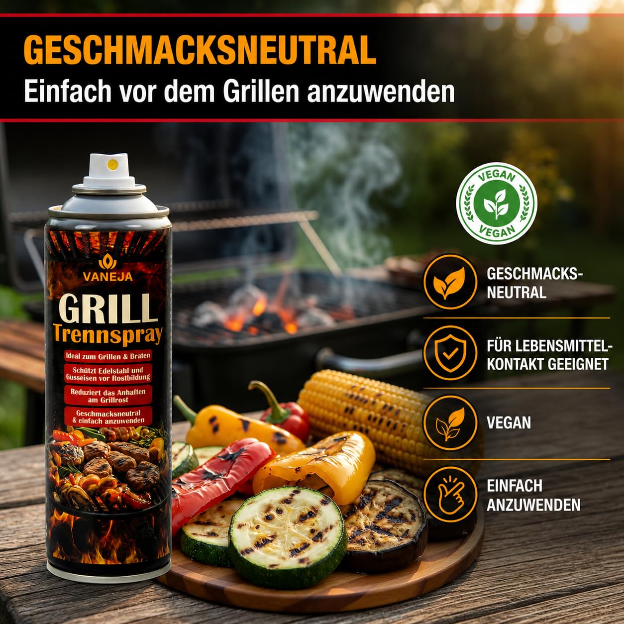 VANEJA Trennspray Grill 4 x 200 ml – Fetttrennspray & Backtrennspray | Trennspray, Grill Spray & Grillspray für Grillrost, Gasgrill, Gusseisen, Plancha & Grillplatte – Made in Germany