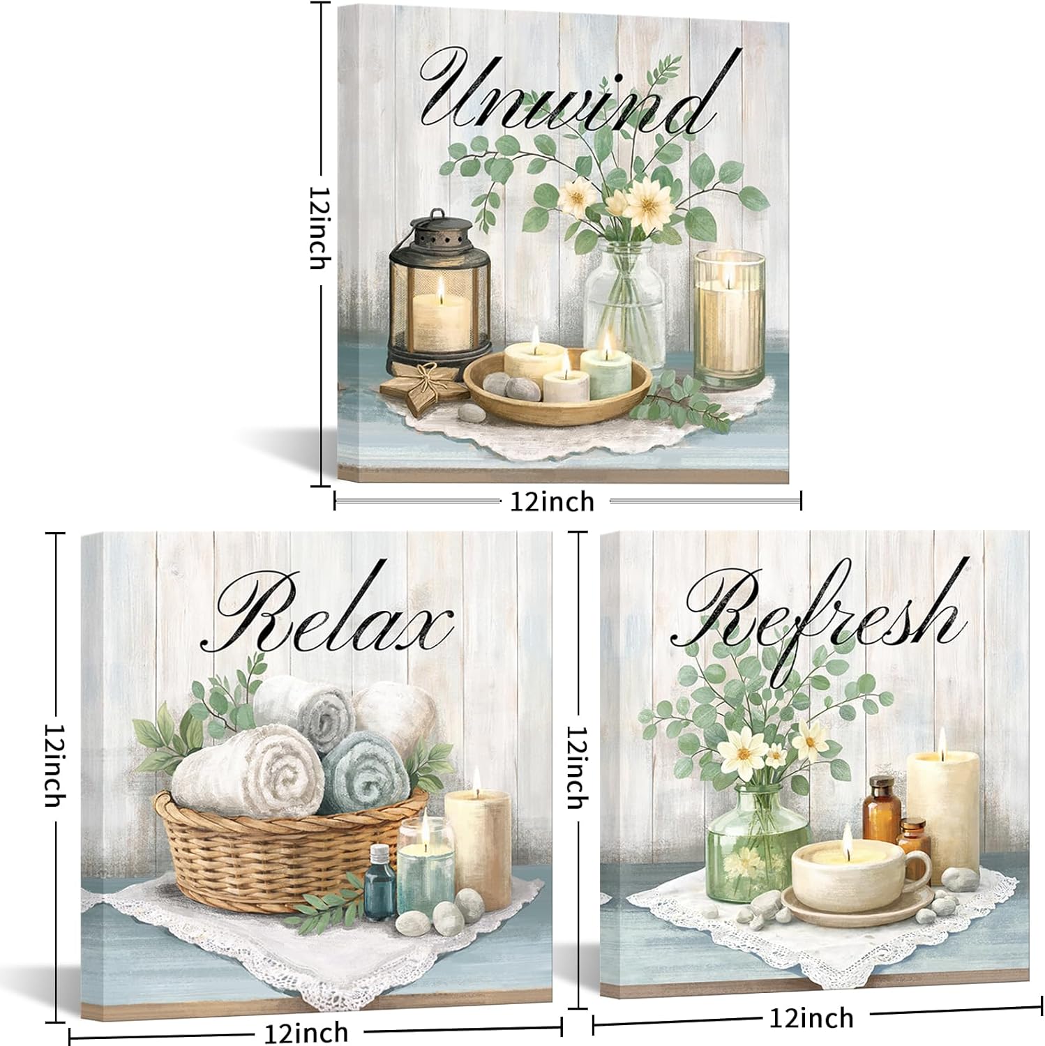 NutArtPic Bathroom Wall Art Canvas Set of 3 – Unwind Relax Refresh Spa Quotes Pictures Prints Candles and Towels Painting Farmhouse Rustic Bathroom Decor for Bathroom, Bedroom, Laundry Room 12''x12''x3