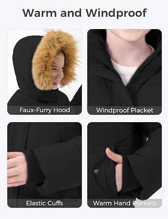 Wantdo Girl's Winter Coat Long Puffer Jacket Fleece Parka with Hood Waterproof