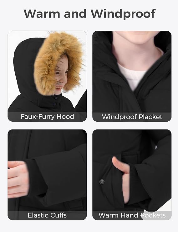 Wantdo Girl's Winter Coat Long Puffer Jacket Fleece Parka with Hood Waterproof
