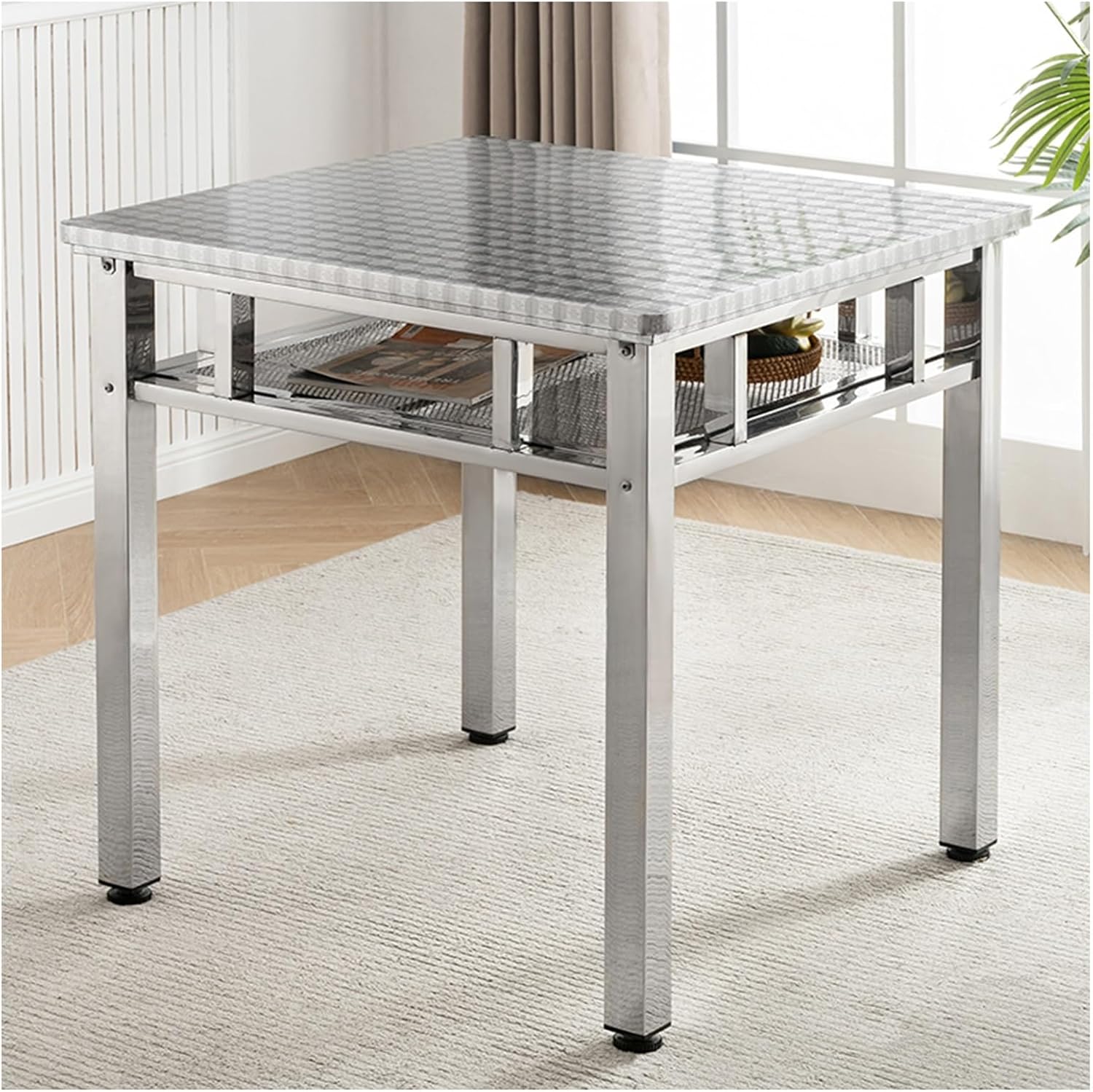 Square Stainless Steel Embossed Workbench Double-Layer Mesh Storage Shelf Kitchen Work Table Adjustable Leveling Feet H75/78 Cm Thickened Countertop Rounded Corners High Load Capacitility
