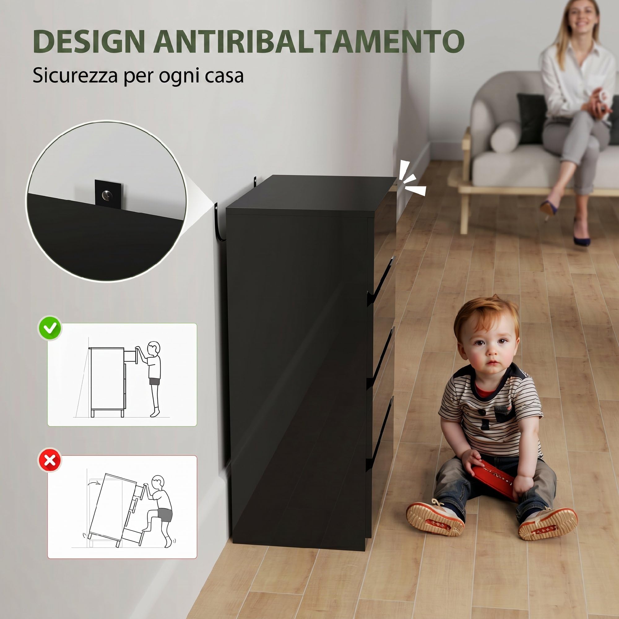 HOMCOM Cassettiera 4 Cassetti per Camera da Letto 55x34x80 cm Nero Lucido