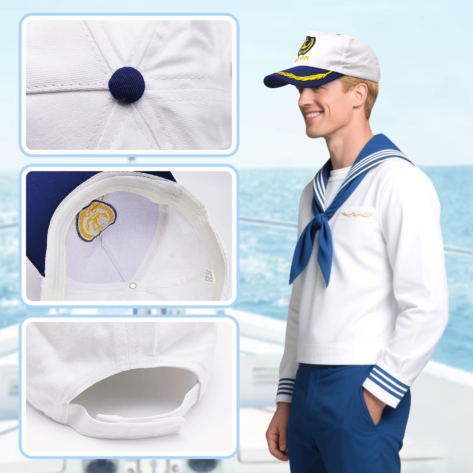 FUIPVGI Captain Hat Sailor Baseball Cap, Costume Accessory Yacht Hat with Gold Embroidery Anchor Skippers Cap - Image 3