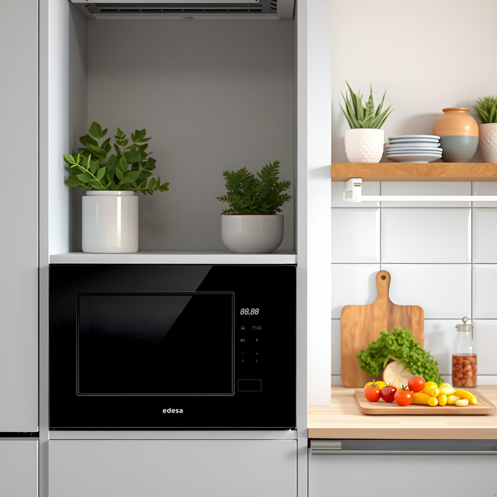 EDESA Microondas De Encastre EMW-2021-IG BK Sin Marco Gran Capacidad 20 Litros Potencia Grill 800W Descongelación 5 Funciones Botón Inicio Rápido Instalación Mueble Alto Acabado Negro