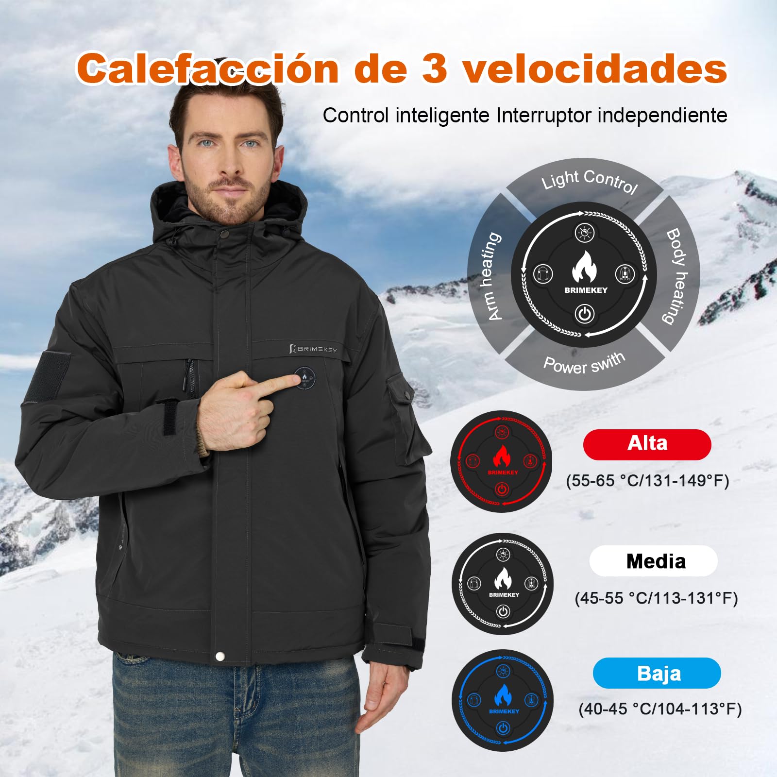 Grafeno Chaqueta Calefactable Hombre con Forro de Felpa, Batería 20000mAh 7.4V Pantalla HD, 6 Zonas de Calor Ajustables y 3 Niveles de Temperatura, Impermeable y Resistente al Viento