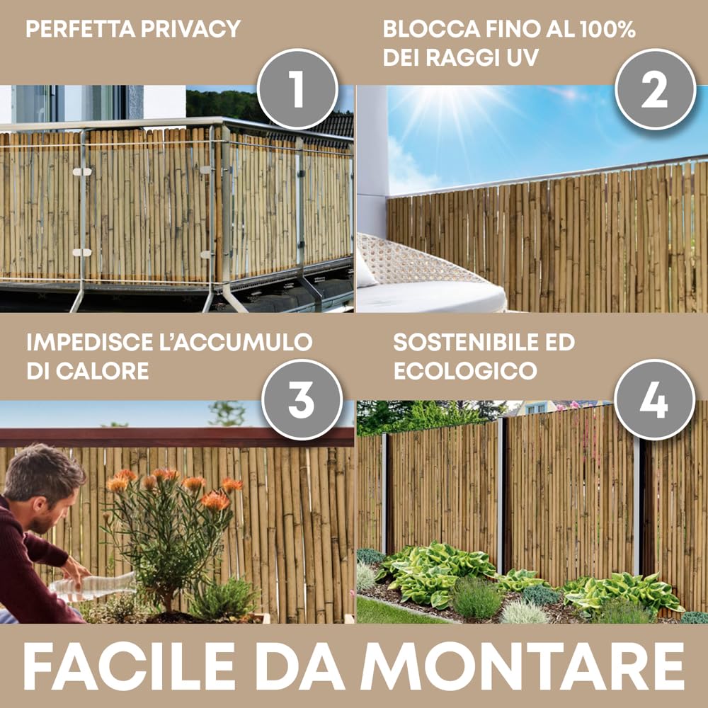IlGruppone Arella Premium in bambù Canne Grandi Ø 8-10 Mm Frangivento Frangivista Regolabili in Altezza con Sacca per RiporlaStuoia Naturale Giardini Balconi Ombreggiante - Naturale - 2x3 Metri