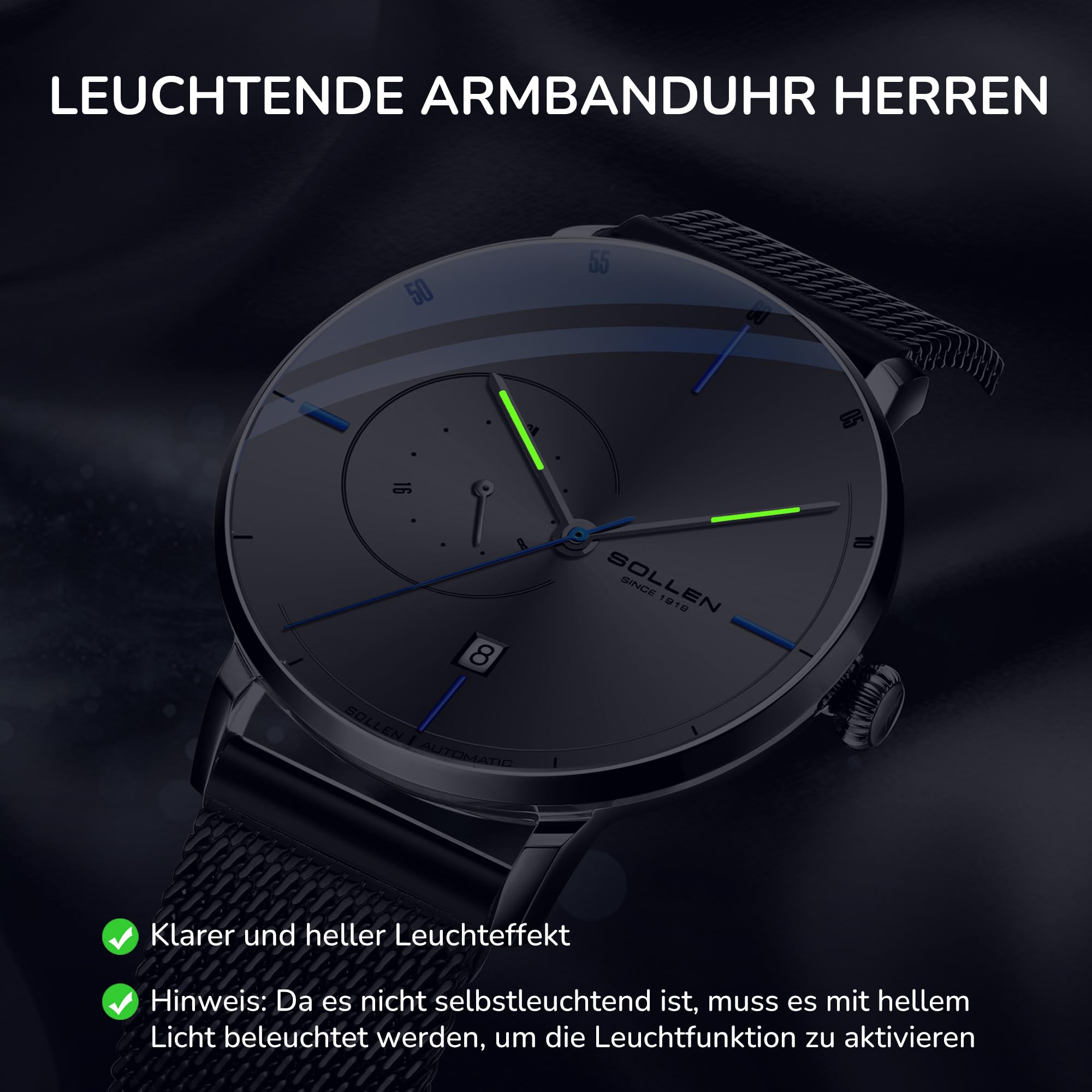 SOLLEN Minimalistische Automatikuhren Herren,Grau Automatische Herrenuhren,Originales Mechanisches Uhrwerk,3ATM Wasserdicht Leuchtend Selbstaufzug Herrenuhr mit Kalendar,Business Armbanduhr für Männer