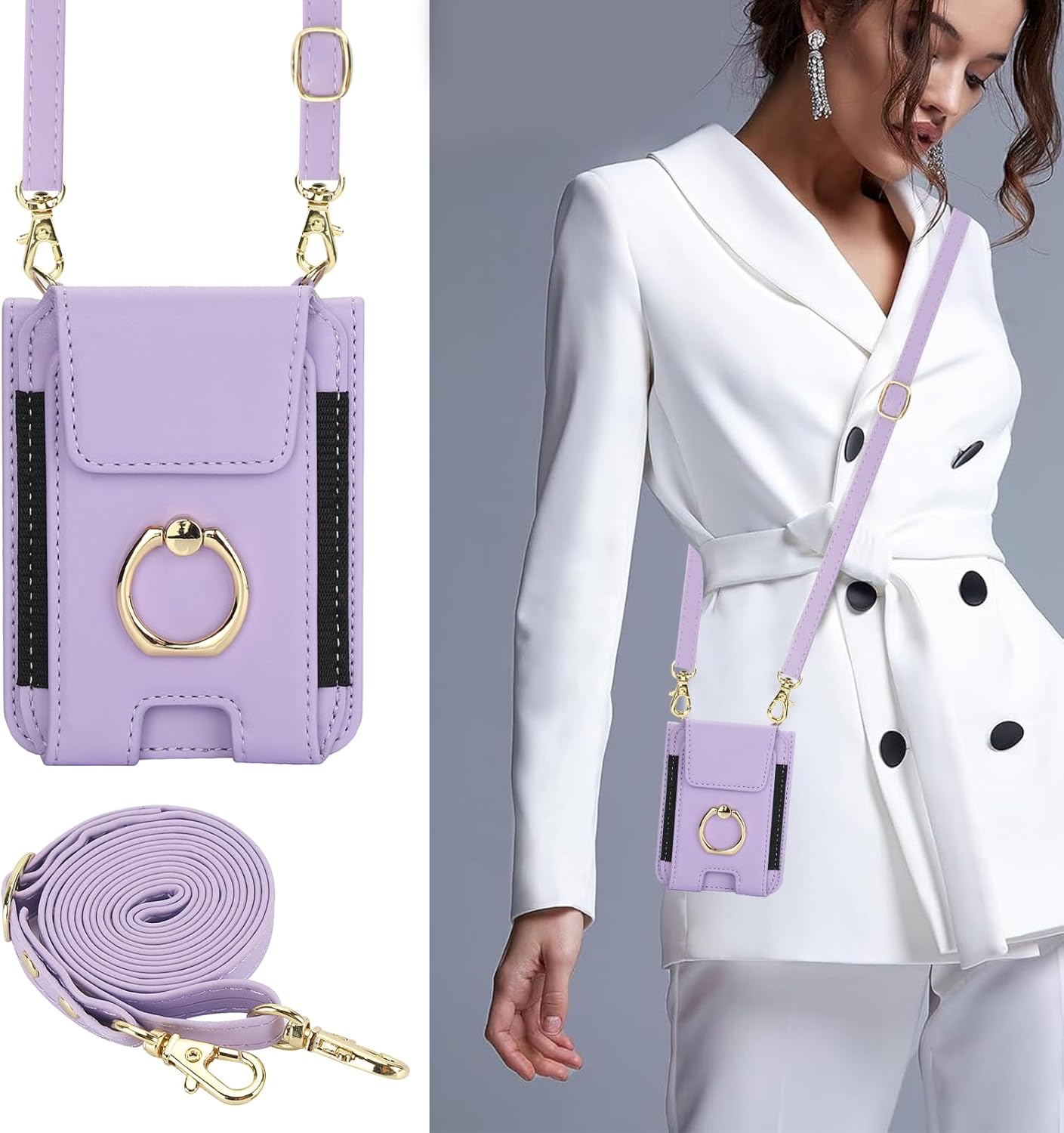 Asuwish Phone Case for Samsung Galaxy Z Flip 3 5G 2021 Wallet Cover with Ring Crossbody Wrist Strap Lanyard Credit Card Holder Slot Cell Leather Purse ZFlip3 Z3 Flip3 3Z Women Men Girls Purple